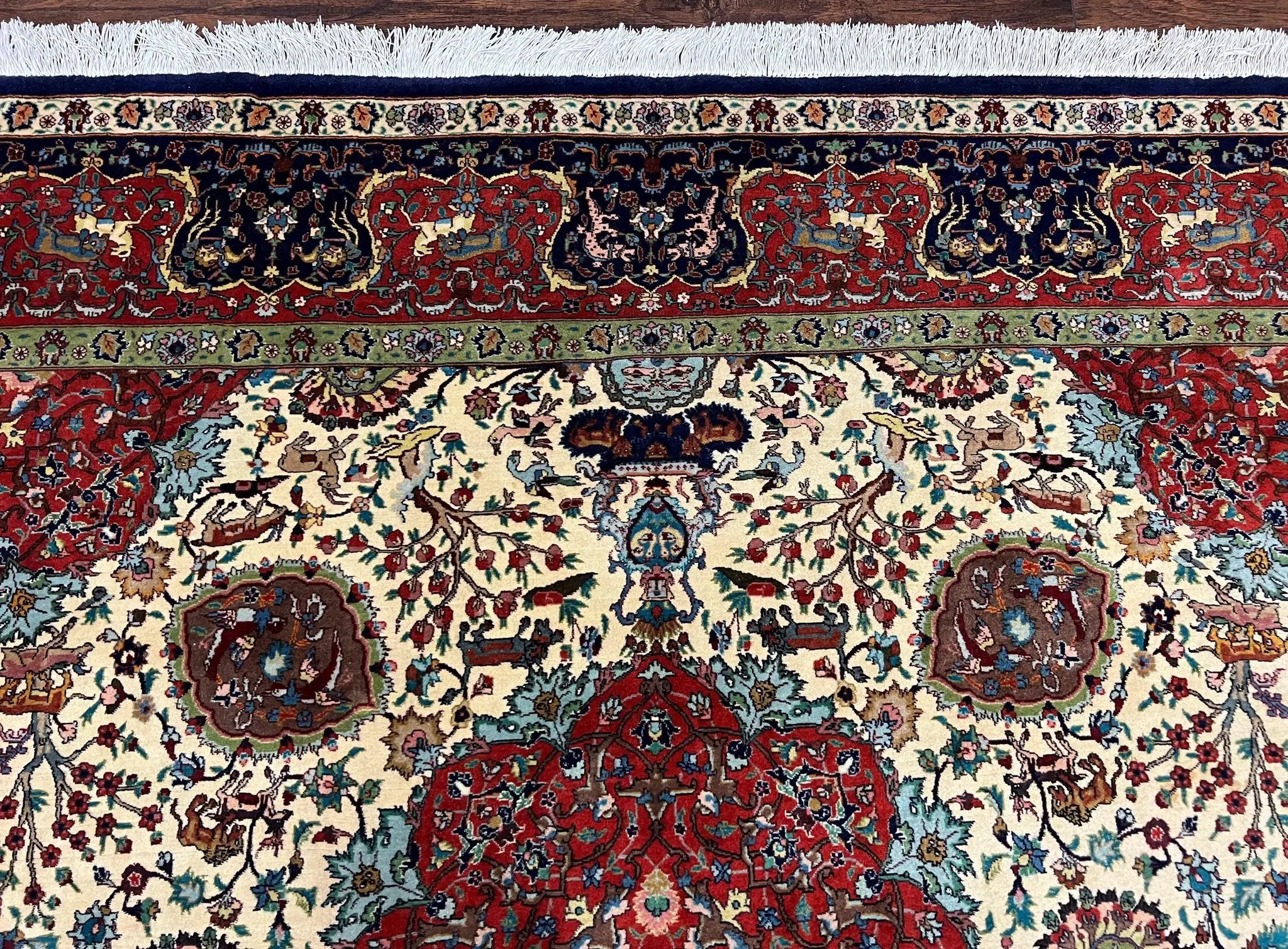 Wonderful Sino Persian Rug 6x10 with Animal Pictorial Motifs, Cream Dark Red Navy Blue, Birds Gazelles, Two Medallions, Top Quality Handmade by Jewel Rugs