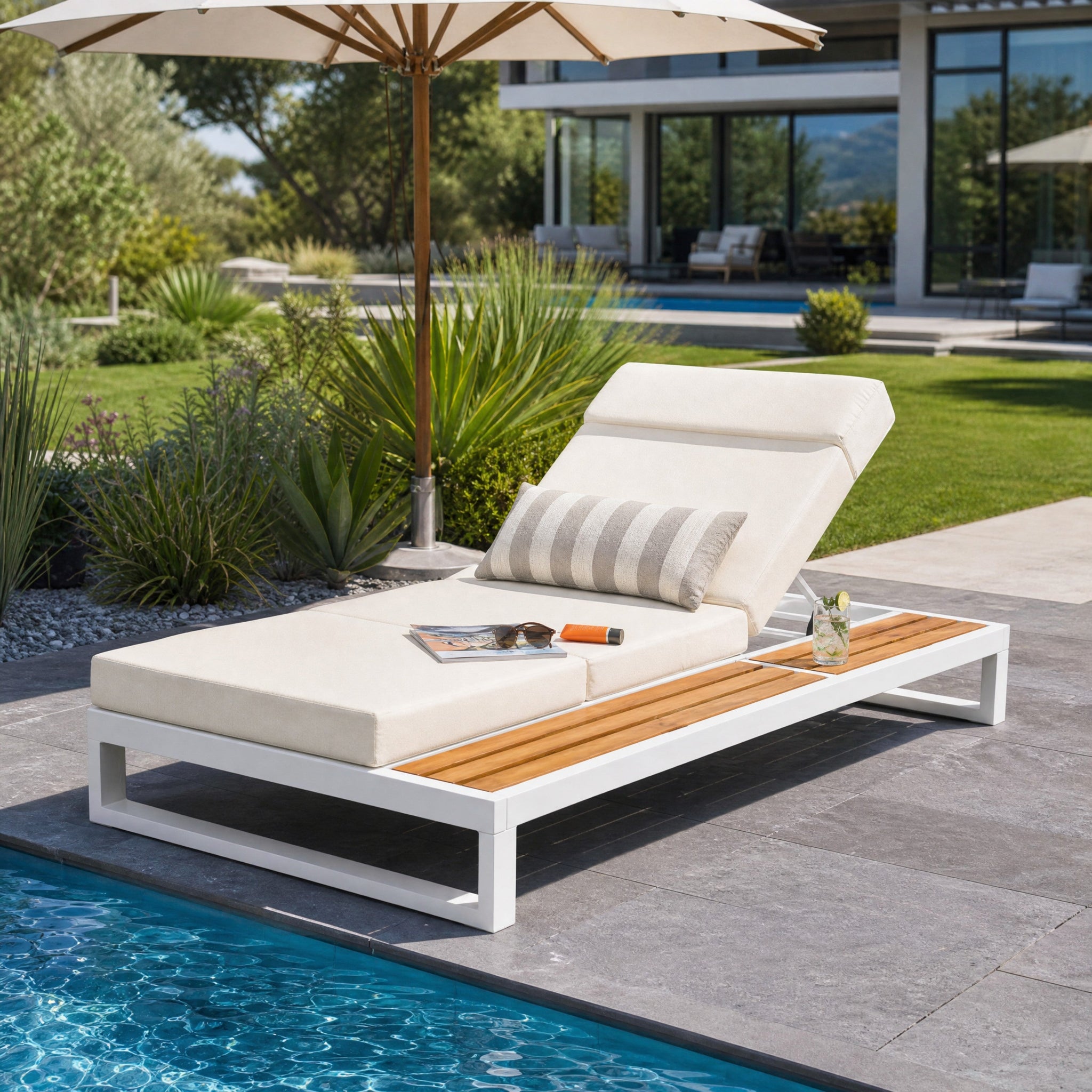 White Iron & Teak Finish Chaise Lounge Set: 1 Frame + 1 4-Fold by HouseOfZazla
