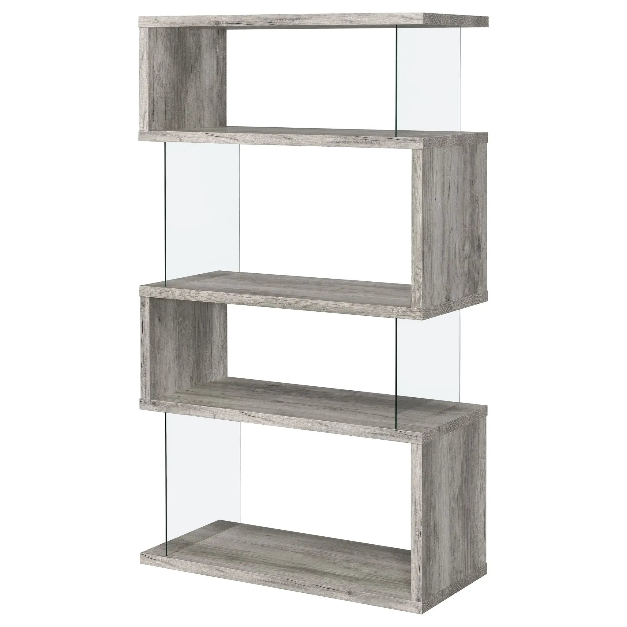Emelle 63-inch 4-shelf Glass Panel Bookshelf Grey Driftwood by Unique Piece Furniture