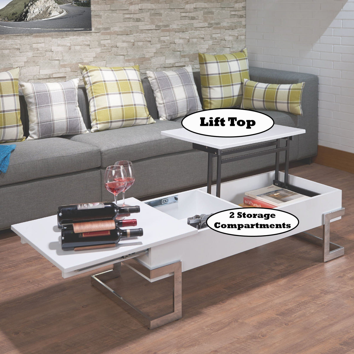 High Gloss Coffee Table with Lift Top and Hidden Storage - Black or White, photo 6 of 8