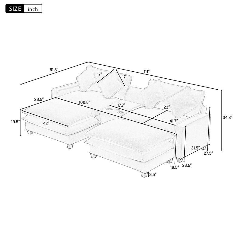 Sectional Sofa Upholstered Sofa With Two Removable Ottoman, Two USB Ports, Two Cup Holders And Large Storage Box For Living Room by Unique Piece Furniture