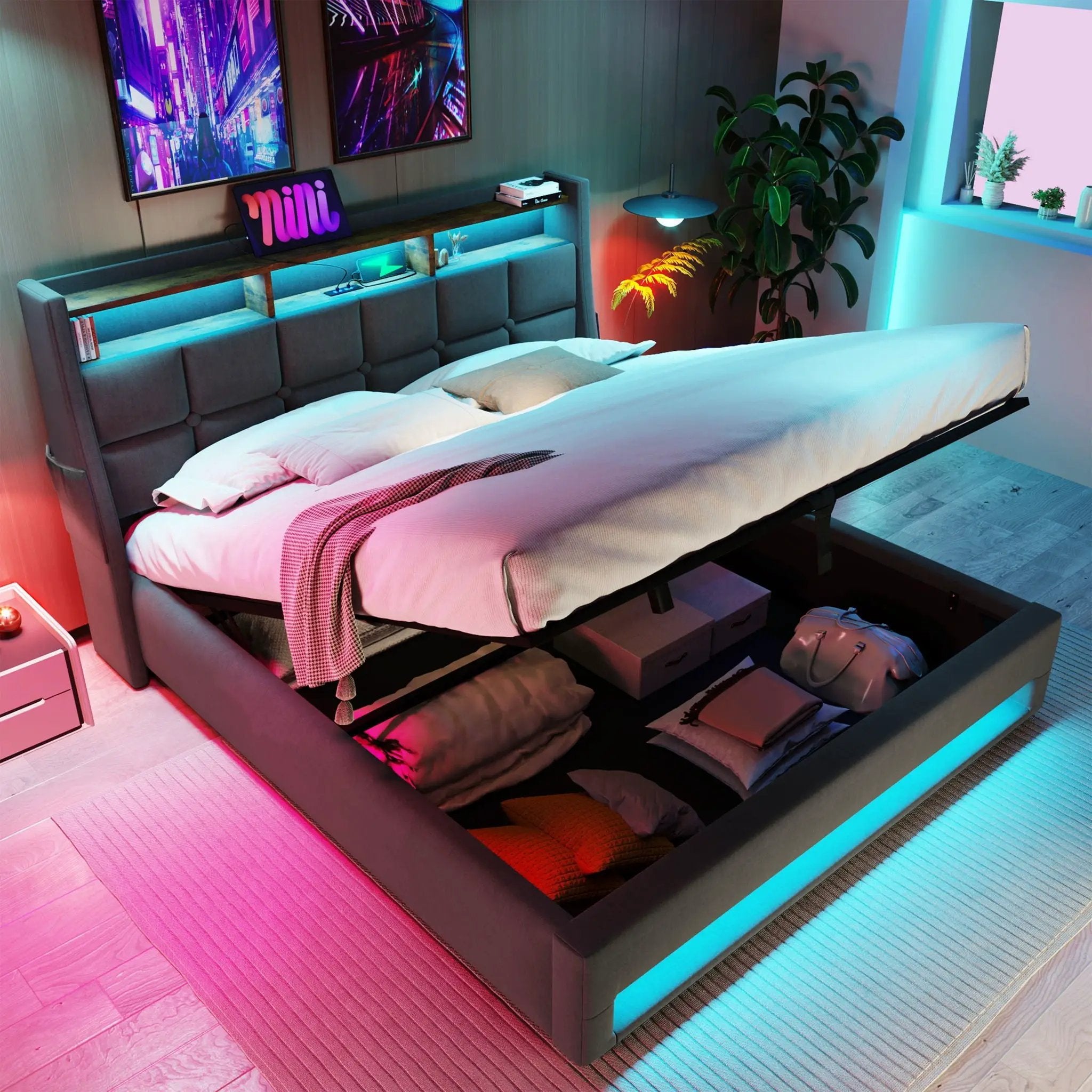 Upholstered Platform Bed With A Hydraulic Storage System, LED And USB Charging (Without Mattress) by HouseOfZazla