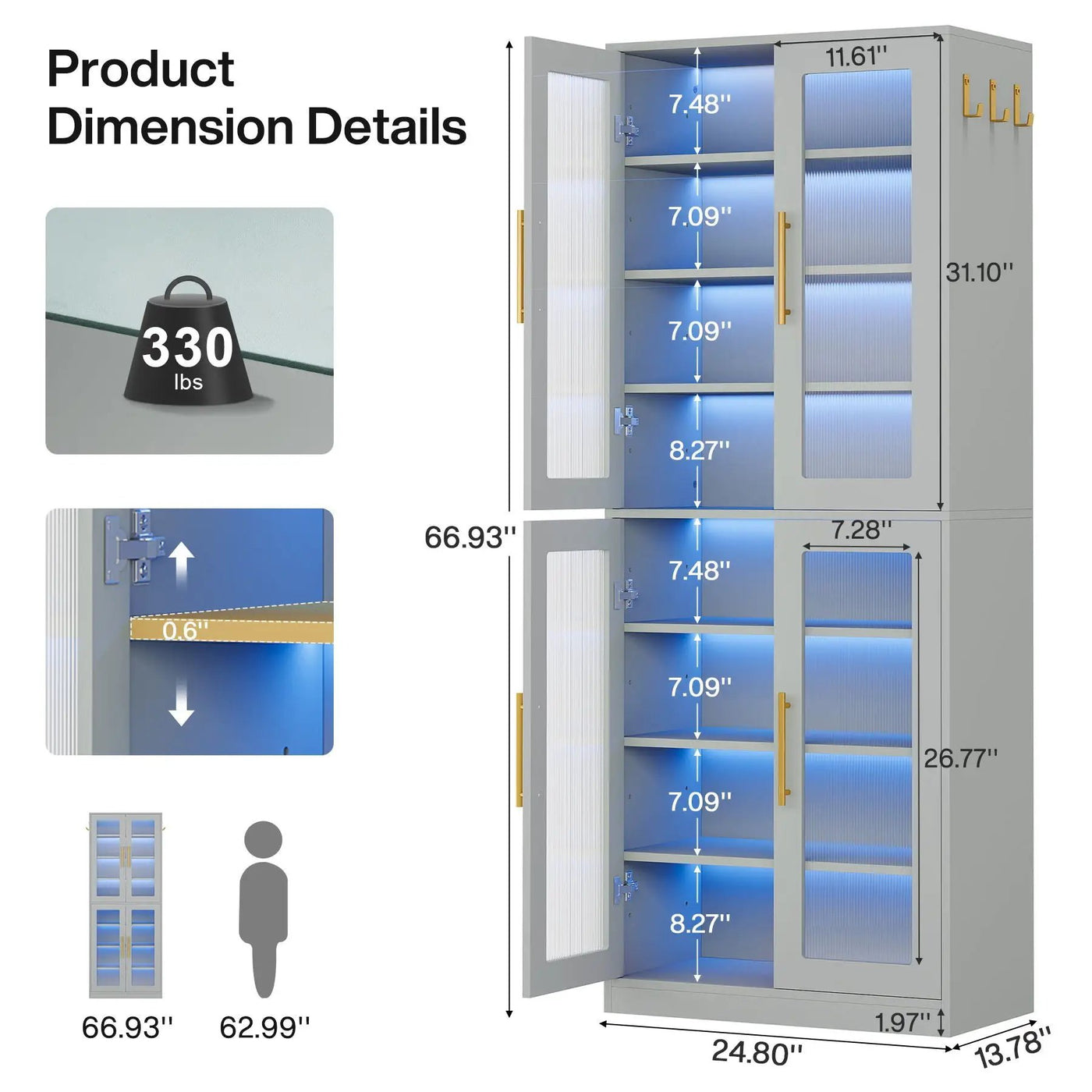 Bookcase With Doors And LED Lighting, 8 Adjustable Shelves Storage Cabinet by HouseOfZazla