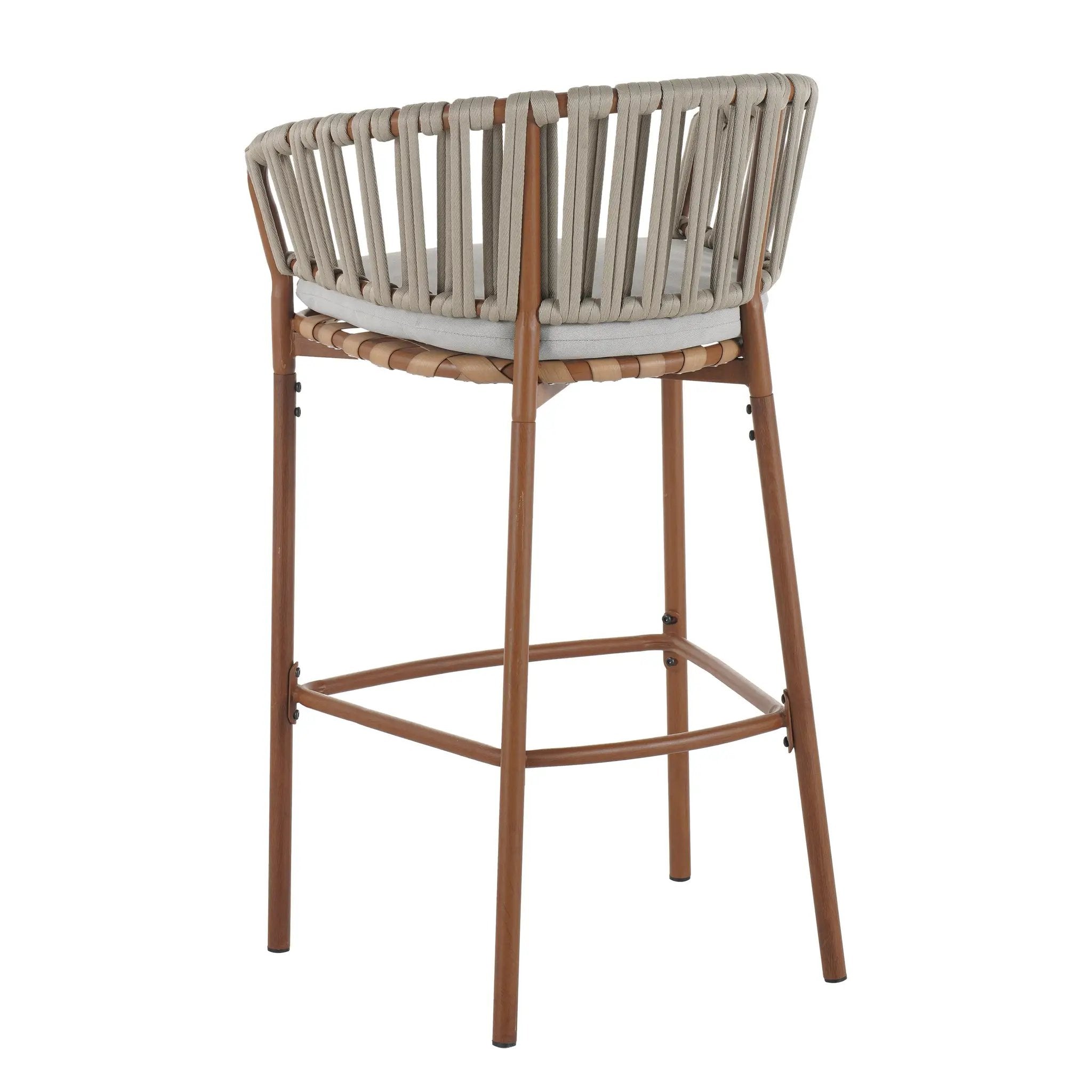 Lodi Outdoor Metal Rope Barstool, Teak Finished Frame and Beige Cushion, Set of 4 by HouseOfZazla