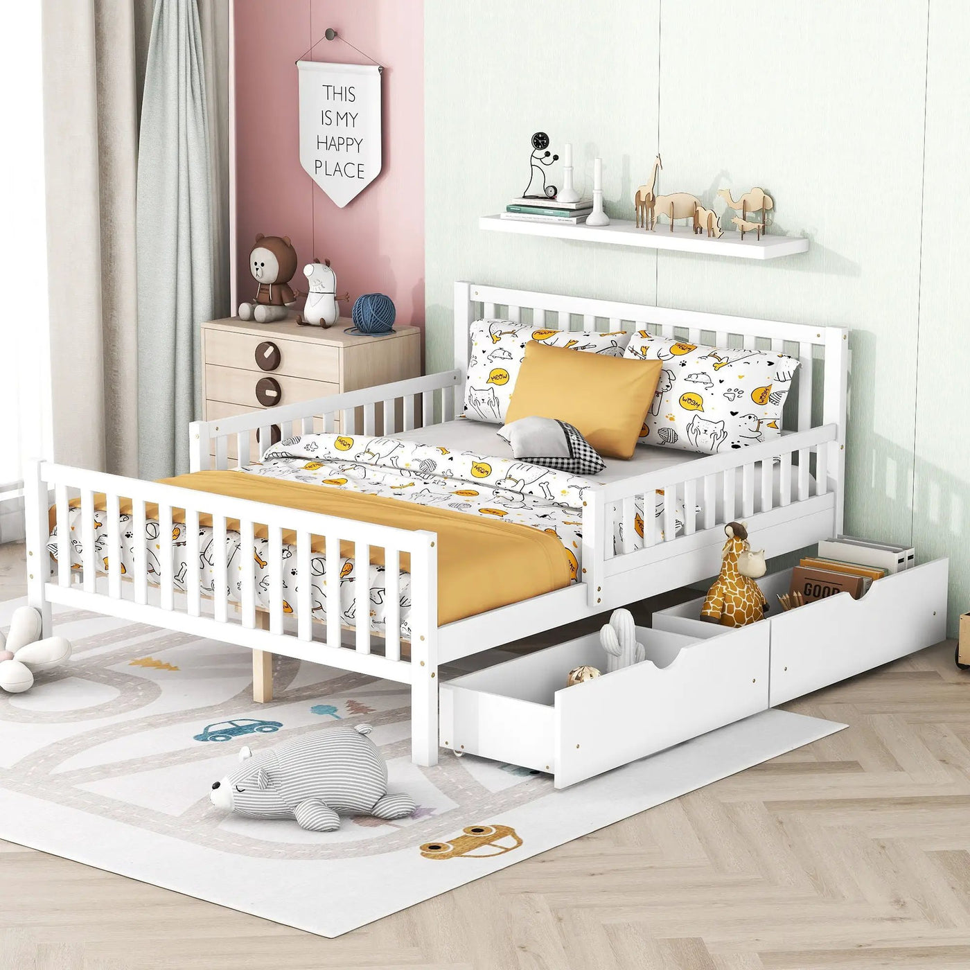 Platform Bed With Guardrails On Both Sides And 2 Storage Drawers by HouseOfZazla