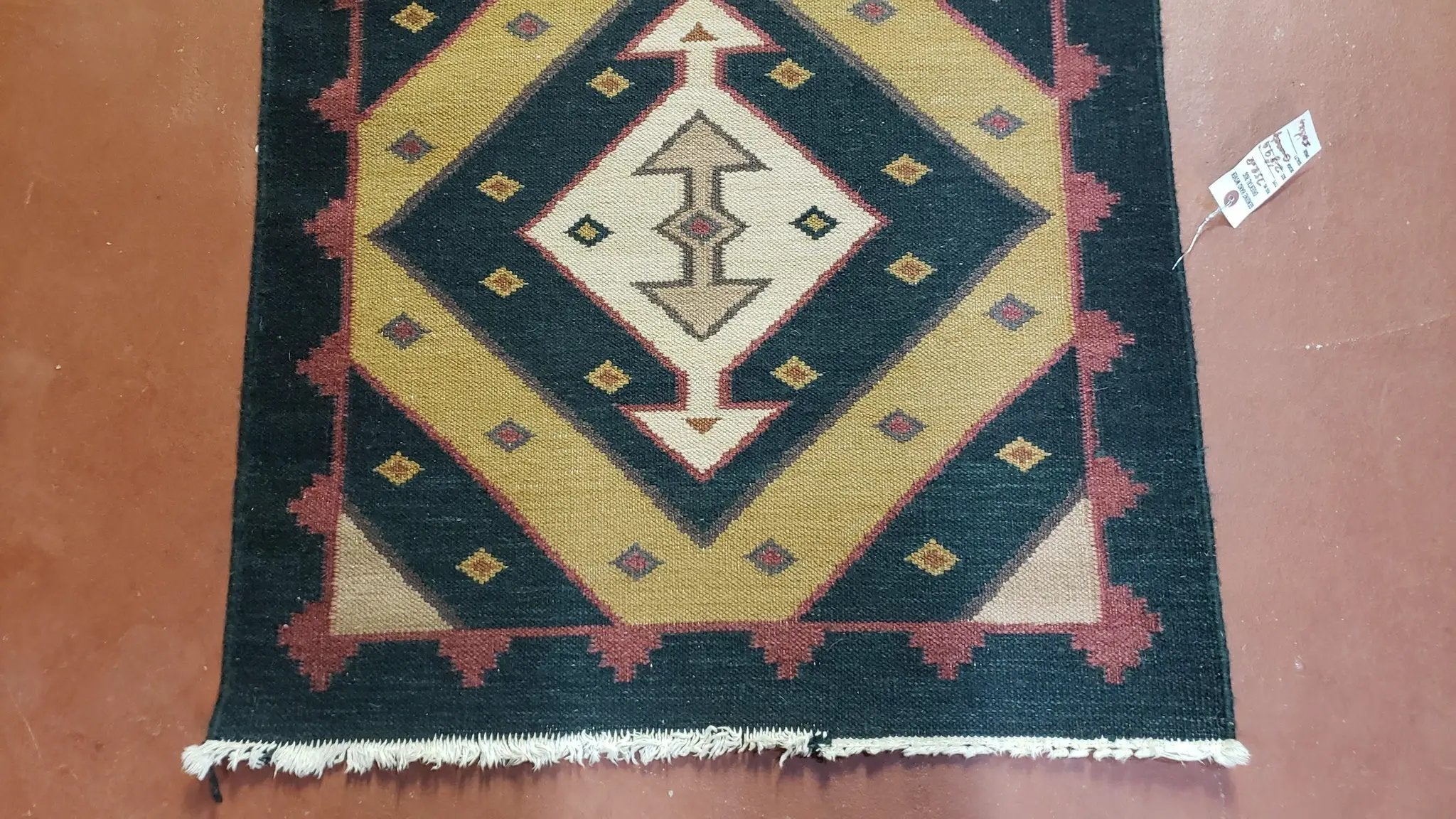 Vintage Indian Kilim Runner Rug, Geometric Flatweave Hand-Knotted Wool Kitchen Hallway Runner, Black Gold & Beige, 2' 8" x 9' 9" by Jewel Rugs