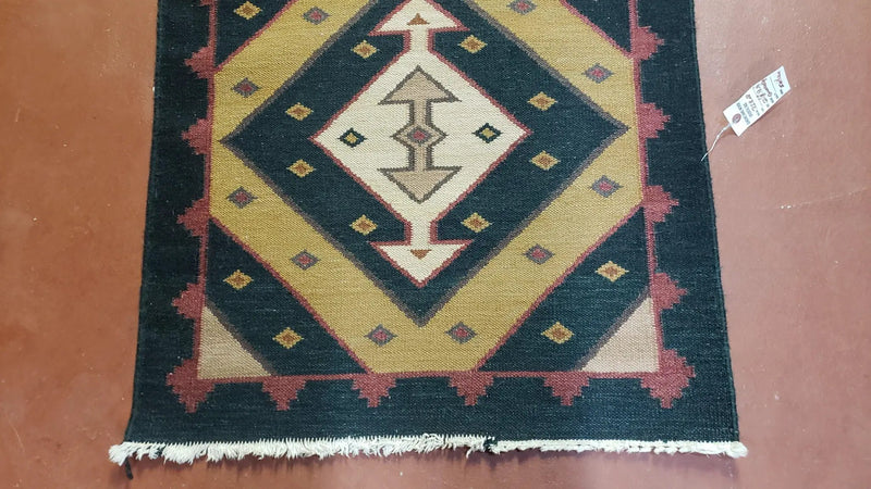 Vintage Indian Kilim Runner Rug, Geometric Flatweave Hand-Knotted Wool Kitchen Hallway Runner, Black Gold & Beige, 2' 8" x 9' 9" by Jewel Rugs