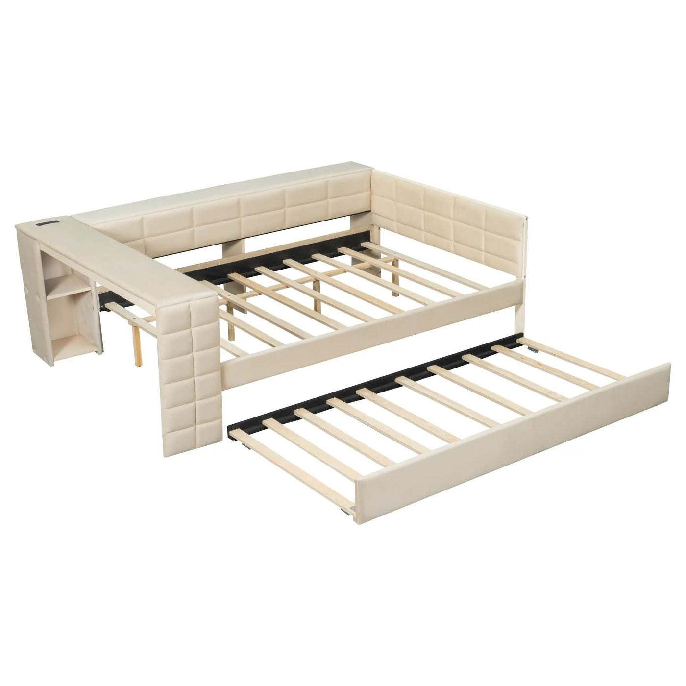 Upholstered Platform Bed With Storage Shelves, Desk, Charging Station And Trundle by HouseOfZazla
