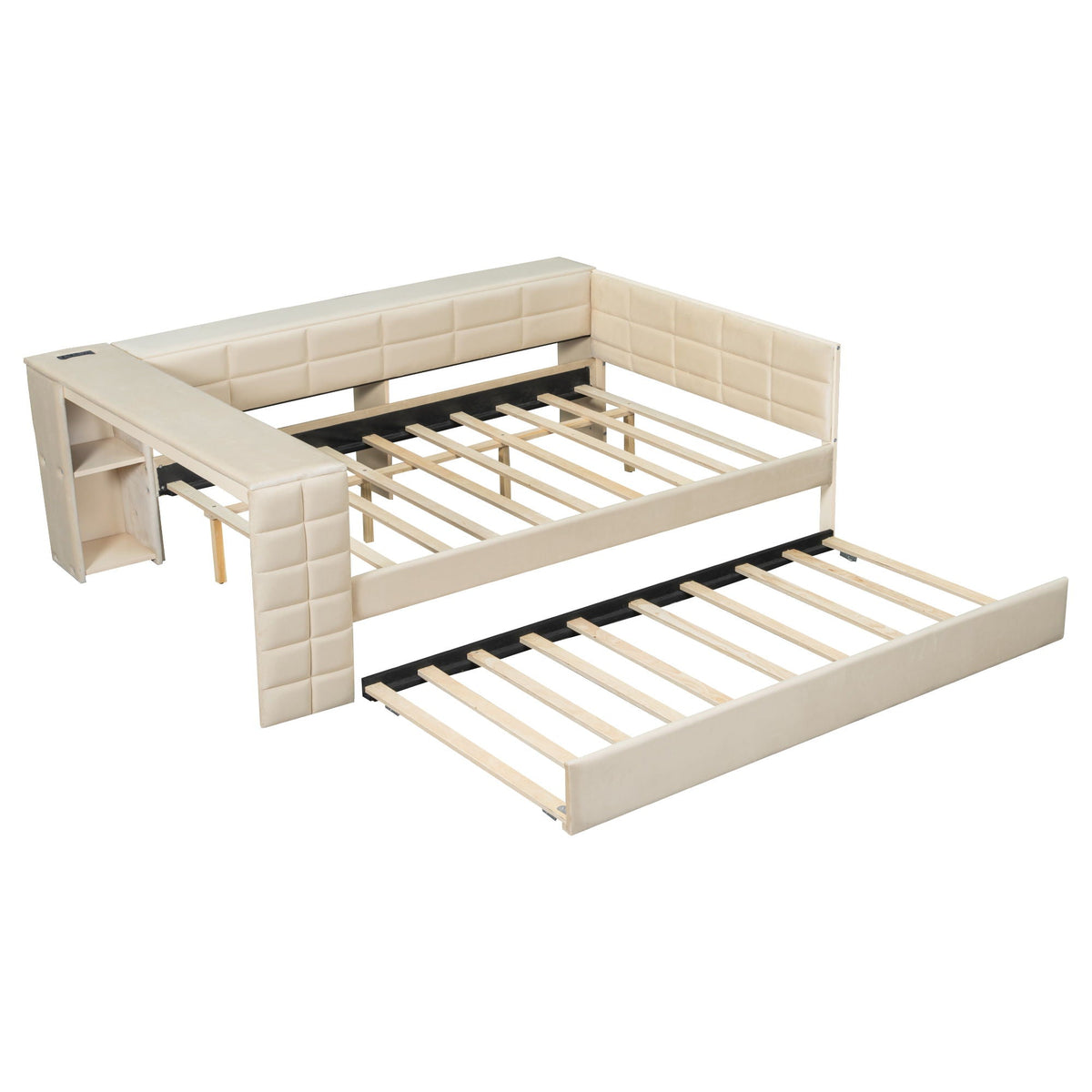 Upholstered Platform Bed with Storage Shelves, Desk, Charging Station and Trundle - Full, photo 19 of 29