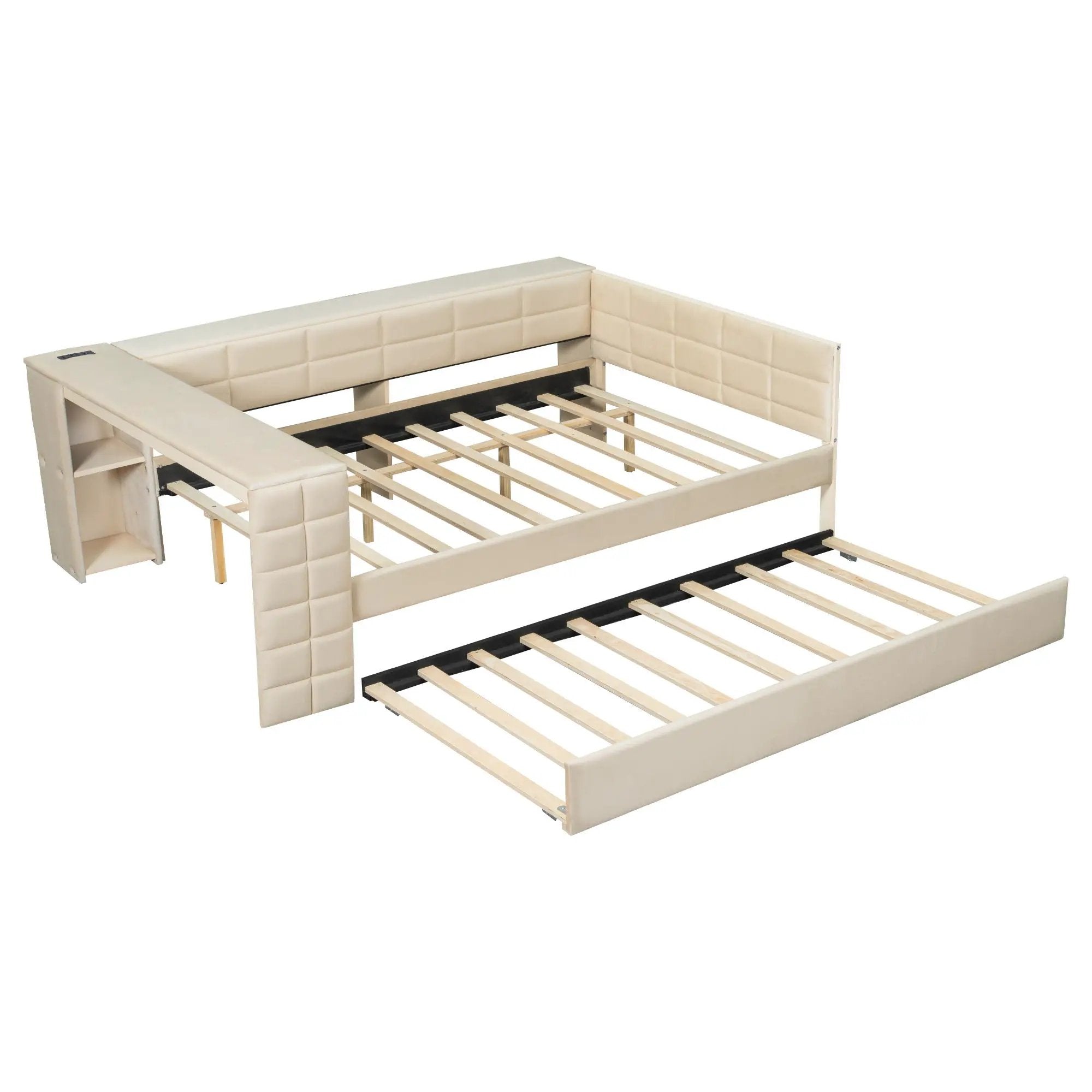 Upholstered Platform Bed With Storage Shelves, Desk, Charging Station And Trundle by HouseOfZazla