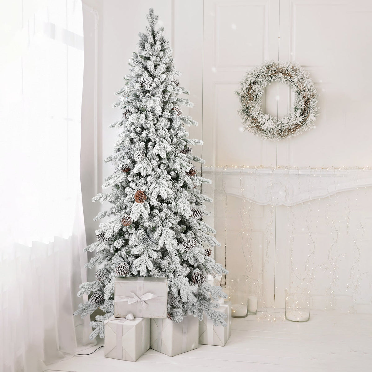9 Ft Flocked PE/PVC Christmas Tree with Real Pine Cones - Snowy Finish