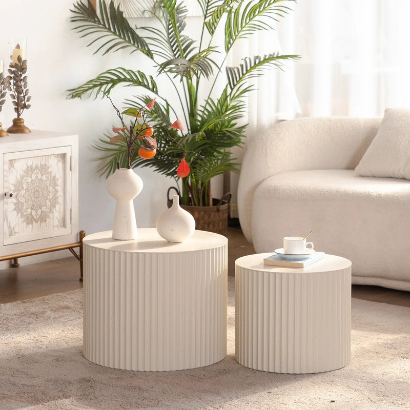 Beige Nesting Coffee Table Set of 2 Modern Drum Side Tables by HouseOfZazla