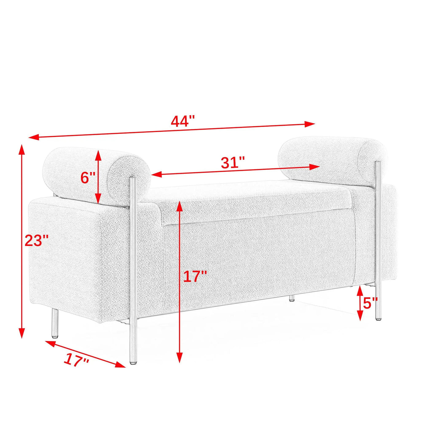 Elegant Upholstered Storage Bench With Cylindrical Arms And Iron Legs, by HouseOfZazla