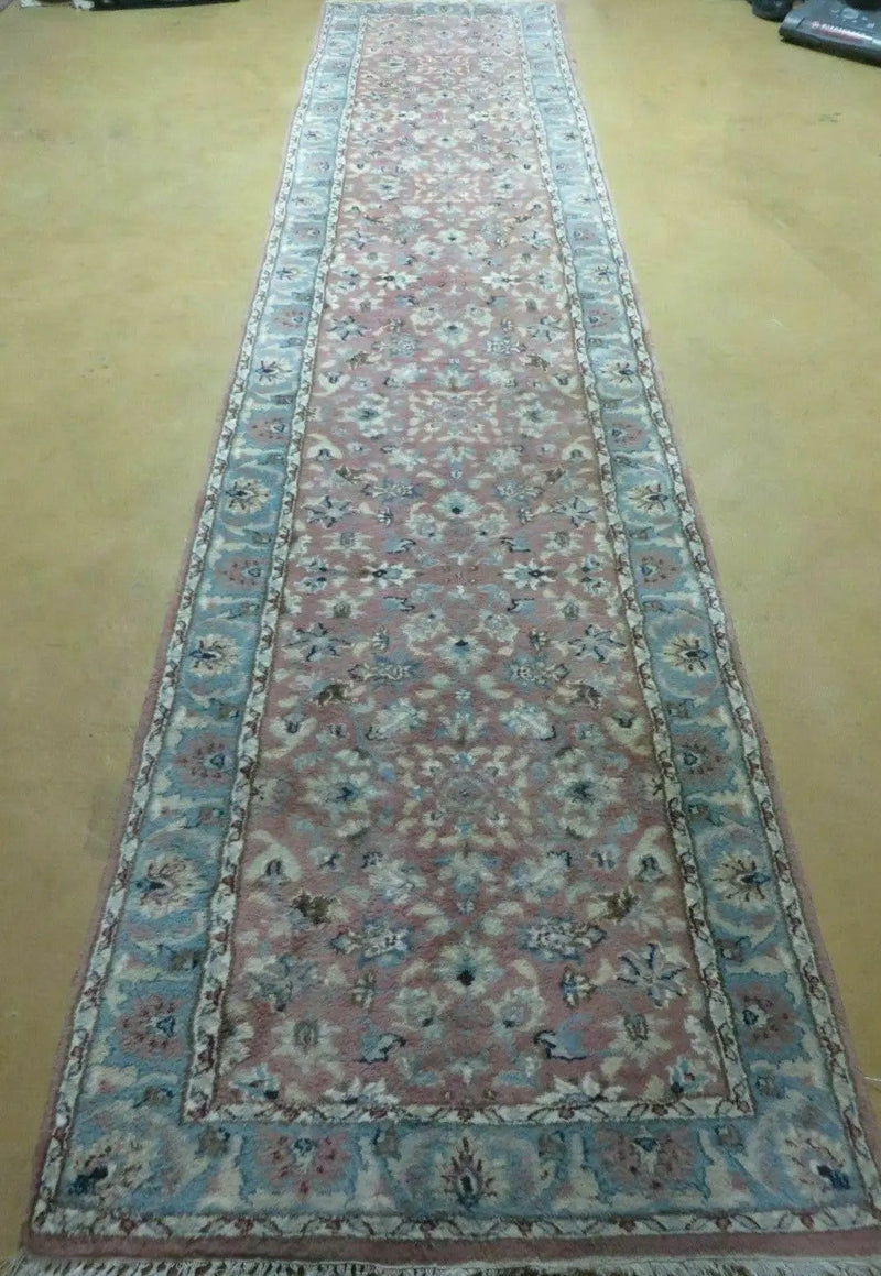Indo Persian Runner Rug 2.8 x 12, Wool Hand Knotted, Pink and Light Blue by Jewel Rugs