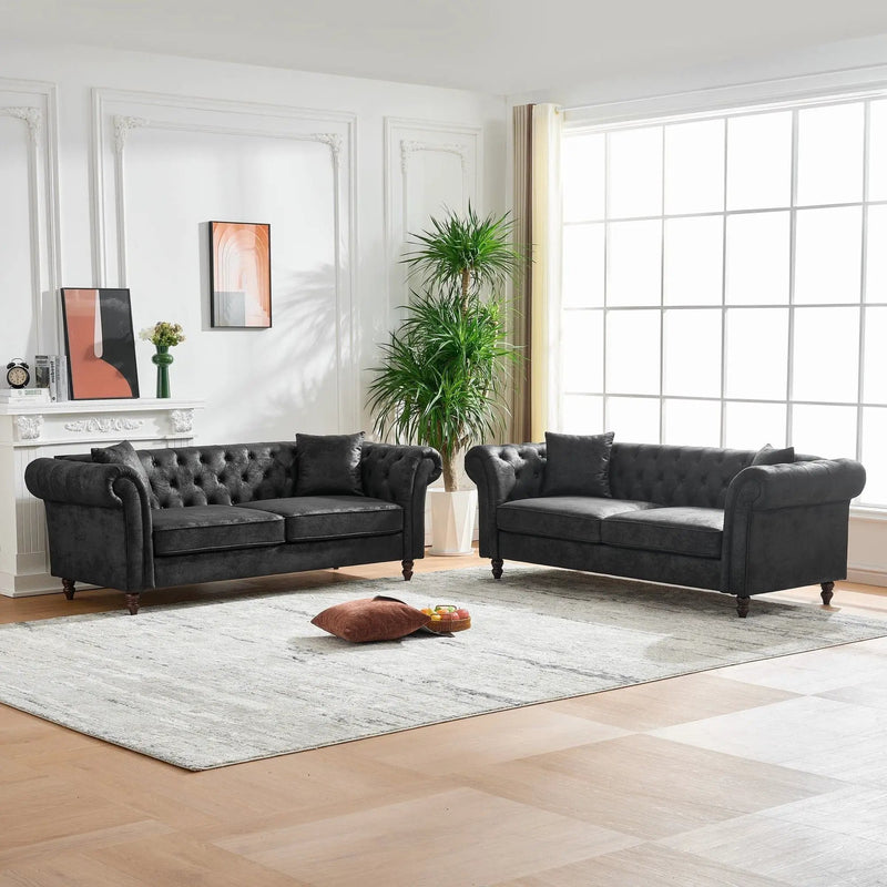 Chesterfield 3 And 3 Seater Sofa Set High Tech Fabric Roll Armrest Upholstered Couch by Unique Piece Furniture