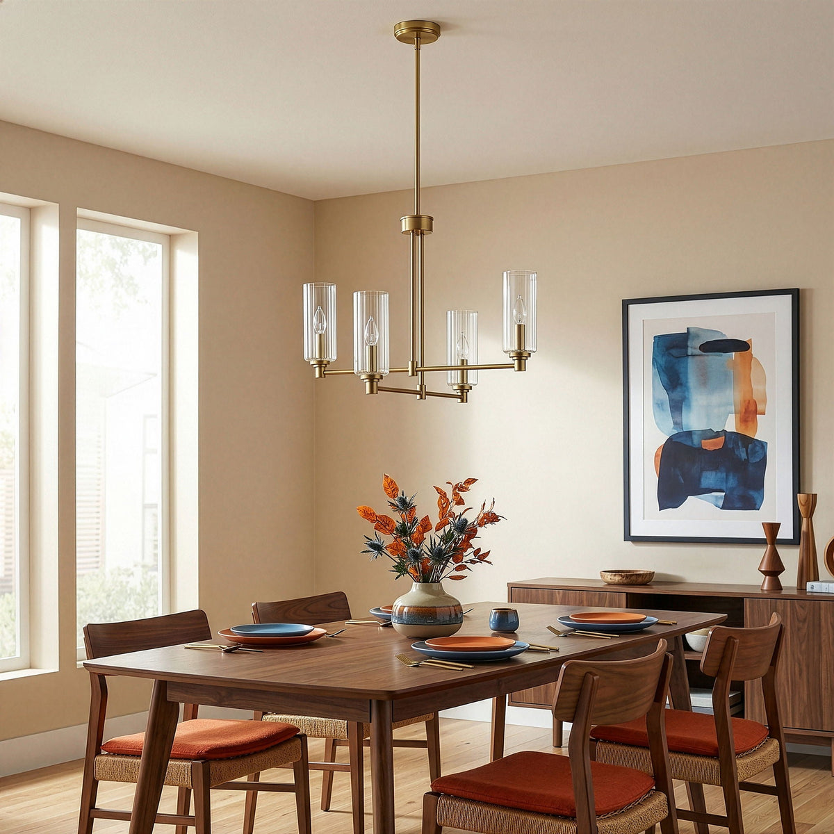 Enigma 4 Lights Chandelier With Clear Ribbed Satin - Antique Brass, photo 3 of 7