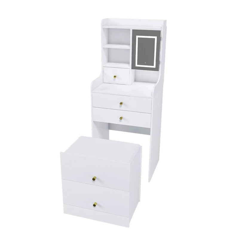 3 In 1 Dressing Table With LED Mirror & Storage Stool, Compact Makeup Vanity - White by HouseOfZazla
