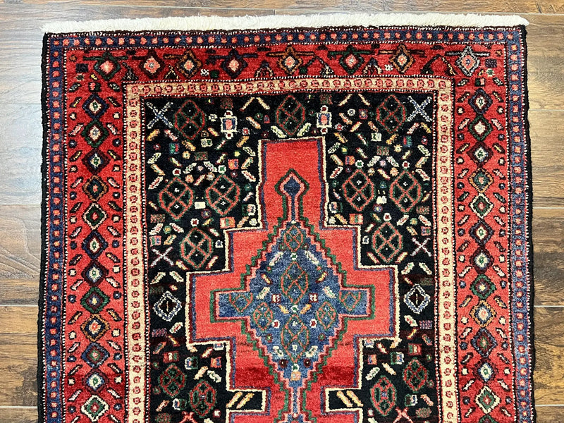 Persian Kurdish Senneh Runner Rug 3x9, Red Navy Blue, Medallions Wool Tribal Runner for Kitchen/Hallway 9ft Antique Handmade Oriental Runner by Jewel Rugs