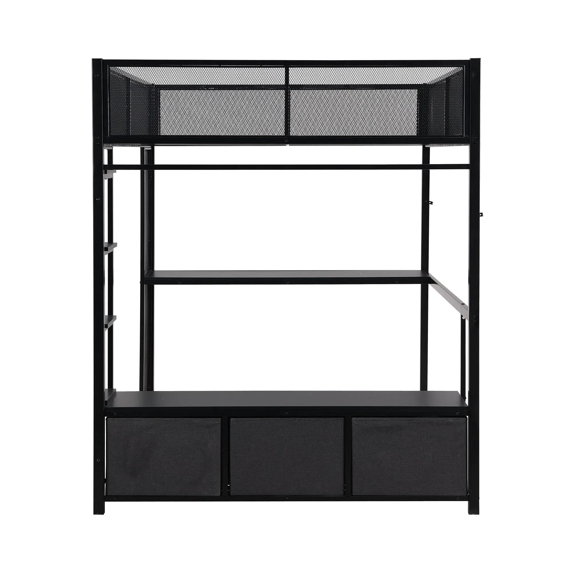 Full Size Gaming Loft Bed With LED Desk, Open Wardrobe, 3 Linen Storage Drawers - Black by HouseOfZazla