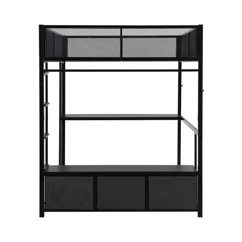 Full Size Gaming Loft Bed With LED Desk, Open Wardrobe, 3 Linen Storage Drawers - Black by HouseOfZazla