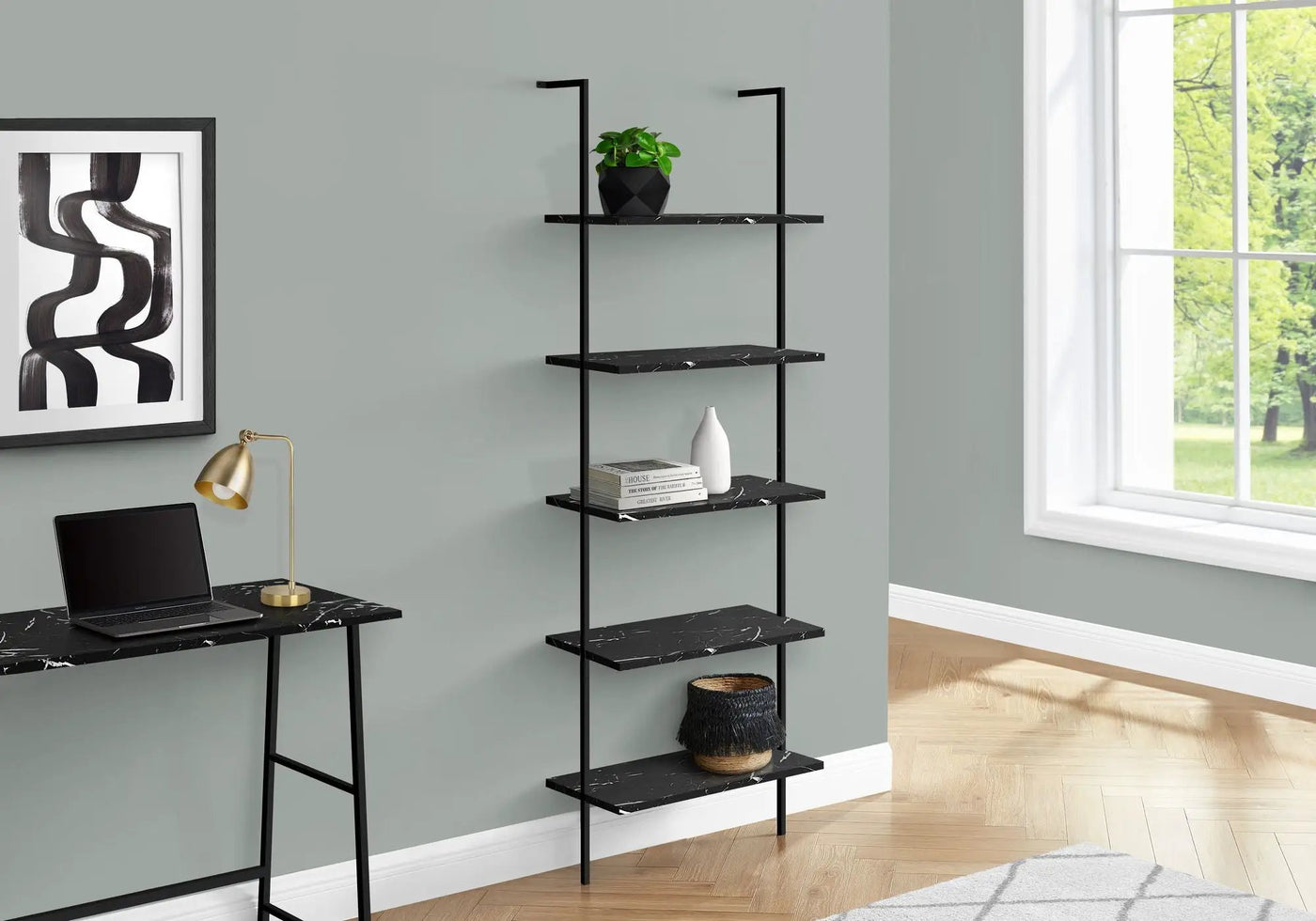 Bookshelf, Bookcase, Etagere, Ladder, 5 Tier, For Office, Marble Look Contemporary & Modern by Unique Piece Furniture