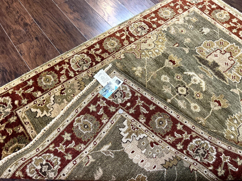 Indo Oushak Rug 4x6, Green and Maroon, Vintage Wool Floral Rug, Indian Agra Rug by Jewel Rugs