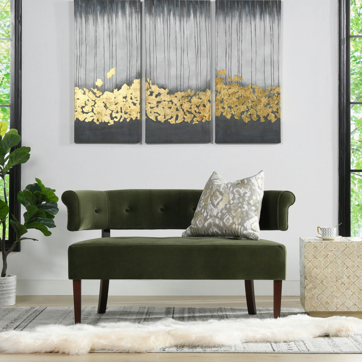 Jared Versatile Roll Arm Tufted Bench Settee with Plush Upholstery - Beige or Green, photo 16 of 23