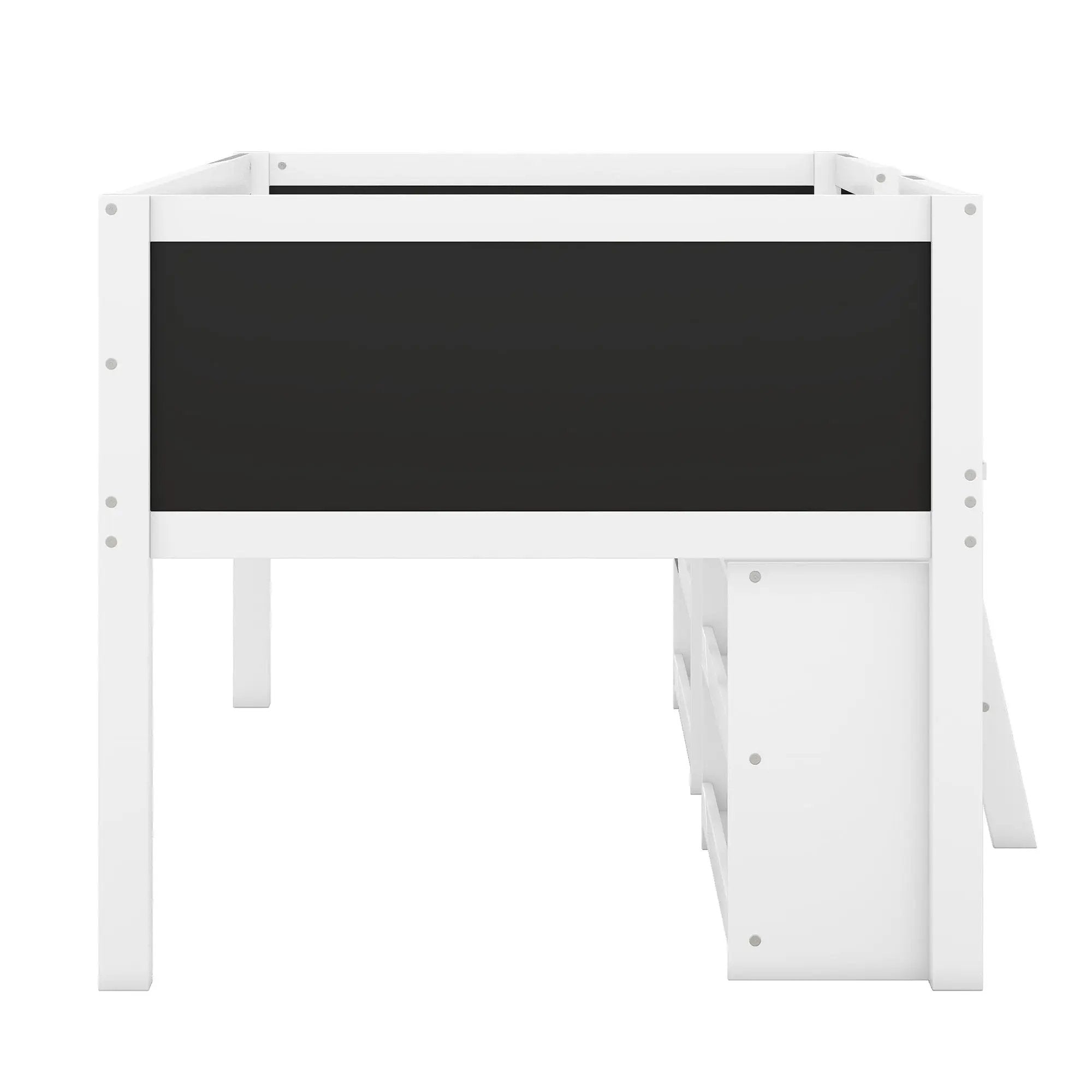 Low Loft Bed With Movable Shelves And Ladder, Decorative Chalkboard Guardrail by HouseOfZazla