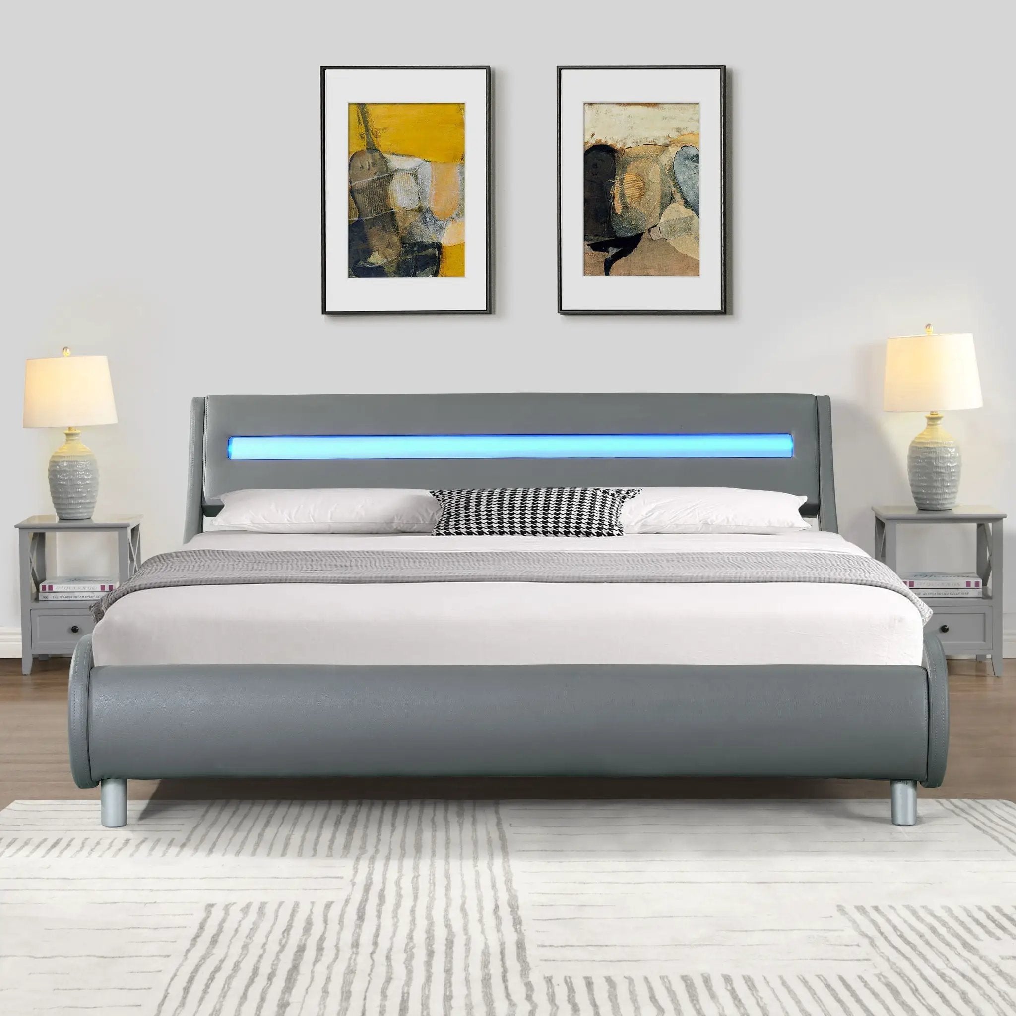 Queen Size Upholstered Platform Bed Frame with LED Lighting by HouseOfZazla