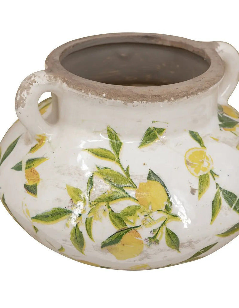 8.1x8.1x5.2" Ceramic Planter with Yellow Lemon and Green Leaf Motif by HouseOfZazla