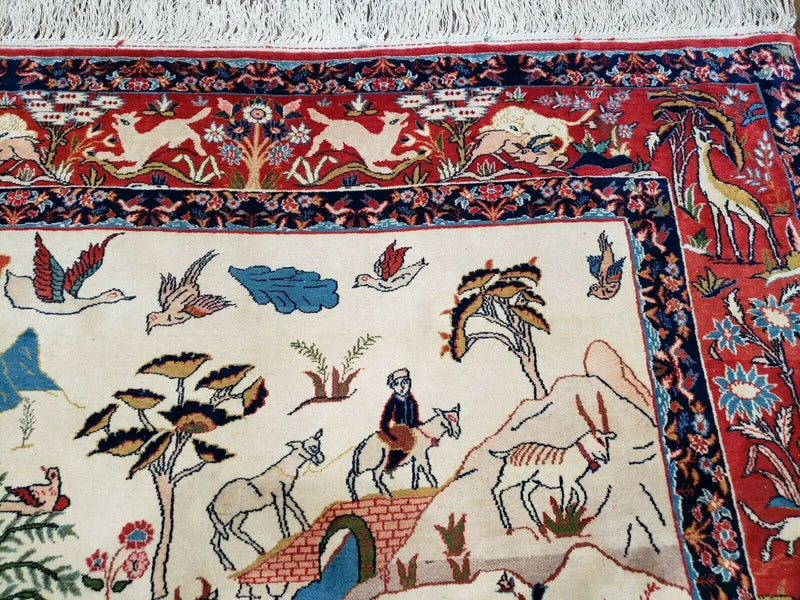 Antique Persian Isfahan Rug 5x7, Animal and Human Pictorials, Hand Knotted Fine Oriental Wool Carpet, Cream and Red, High KPSI, Vintage Rug 5 x 7 ft by Jewel Rugs