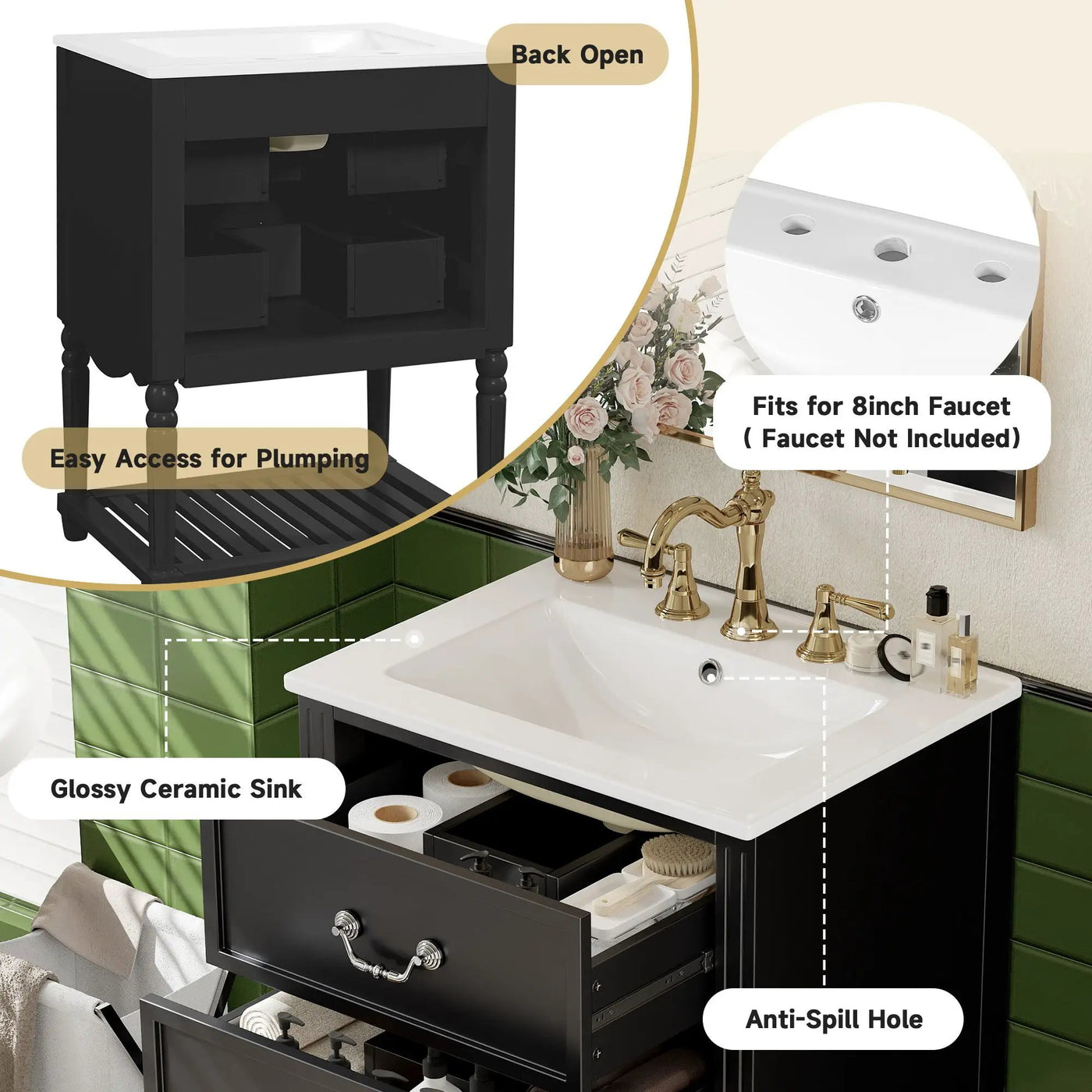 Wave Design Bathroom Vanity With Sink, 2 Drawers And Open Shelf by HouseOfZazla