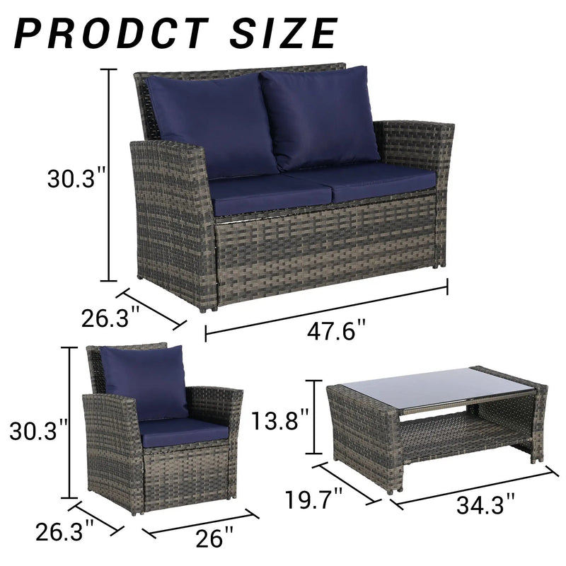4 Pieces Outdoor Patio Furniture Set with Rattan Chairs and Tempered Glass Table by HouseOfZazla