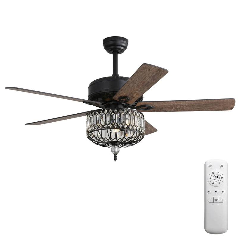 Ceiling Fan With Crystal Lampshade, 5 Blades, DC Motor, 6 Speed Remote Control, 1 / 4 / 8 Hour Timer - Black by Unique Piece Furniture
