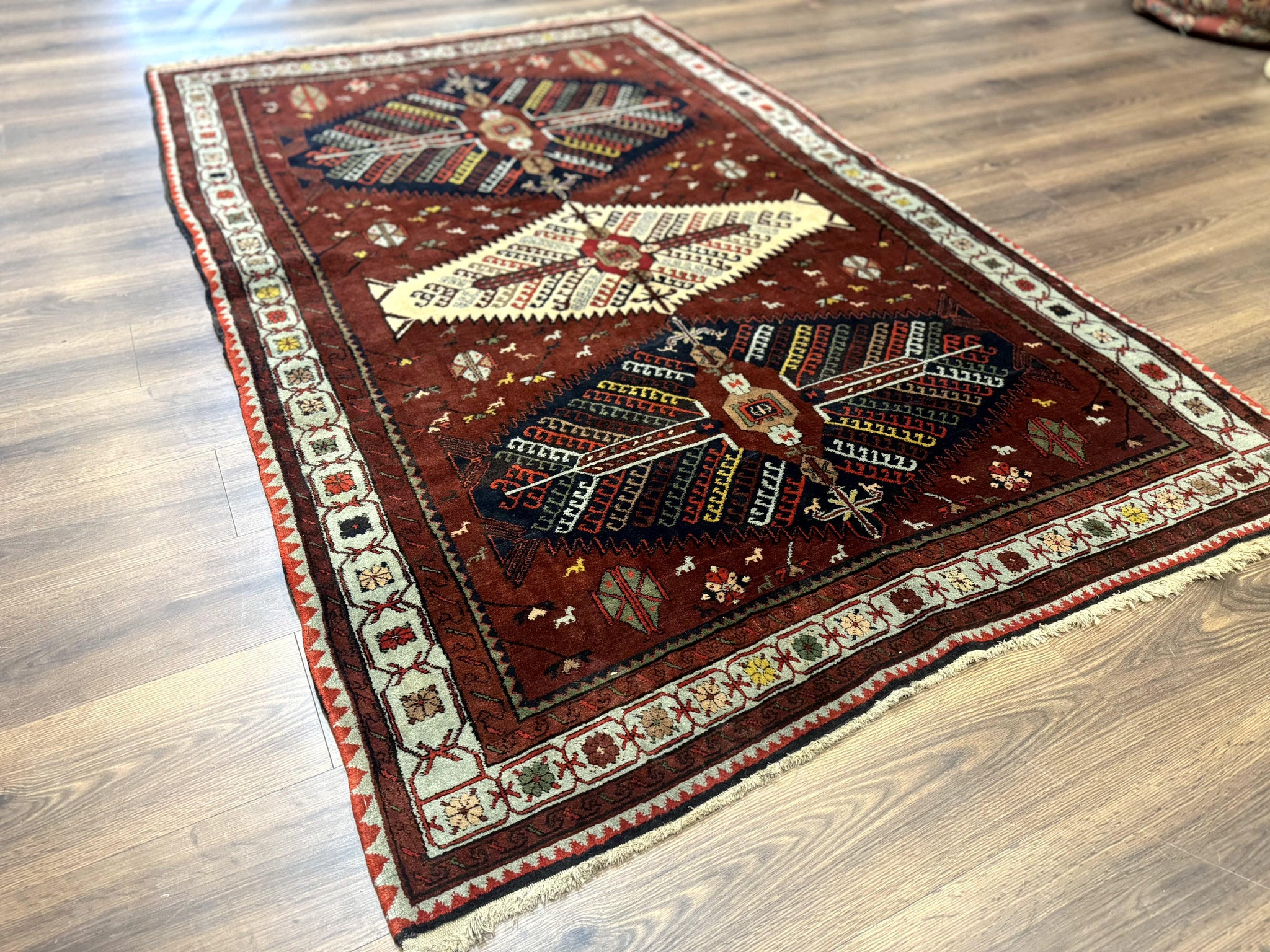 Antique Persian Tribal Rug 5 x 7.8, Triple Medallions, Red, Persian Afshar Rug by Jewel Rugs