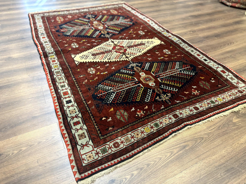 Antique Persian Tribal Rug 5 x 7.8, Triple Medallions, Red, Persian Afshar Rug by Jewel Rugs