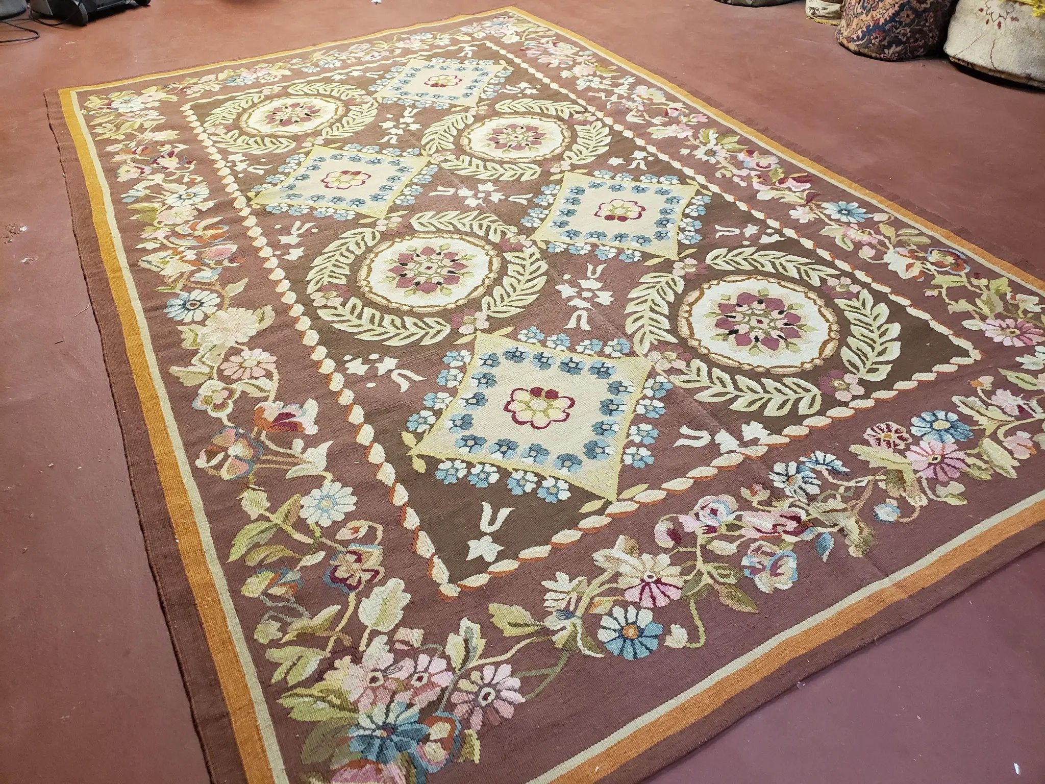 Aubusson Rug 6 x 9 Flat Weave Area Carpet European Design Flowers New Brown Rug Handmade Wool Hand-Knotted Aubusson Weave Medium Rug 6x9 by Jewel Rugs