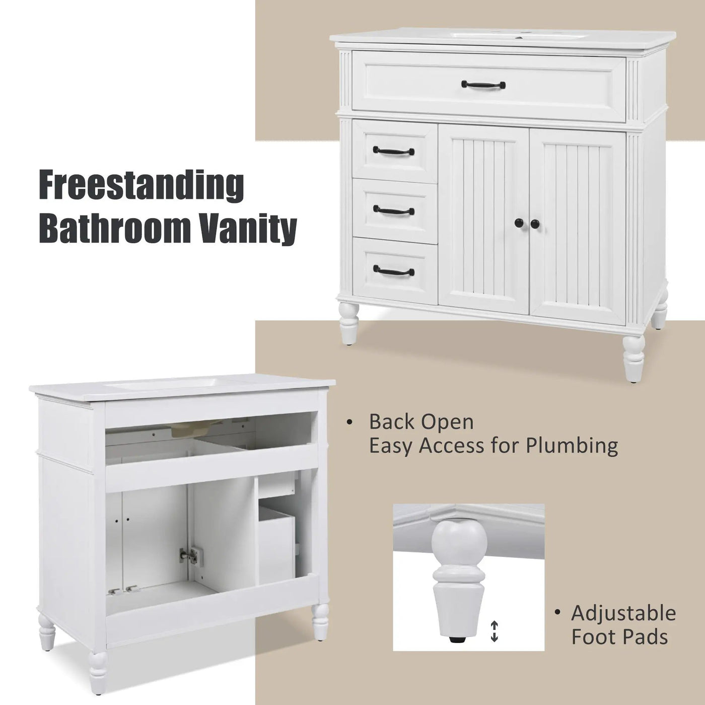 Bathroom Vanity With Sink, 2 Doors 2 Drawers, Freestanding Design by HouseOfZazla