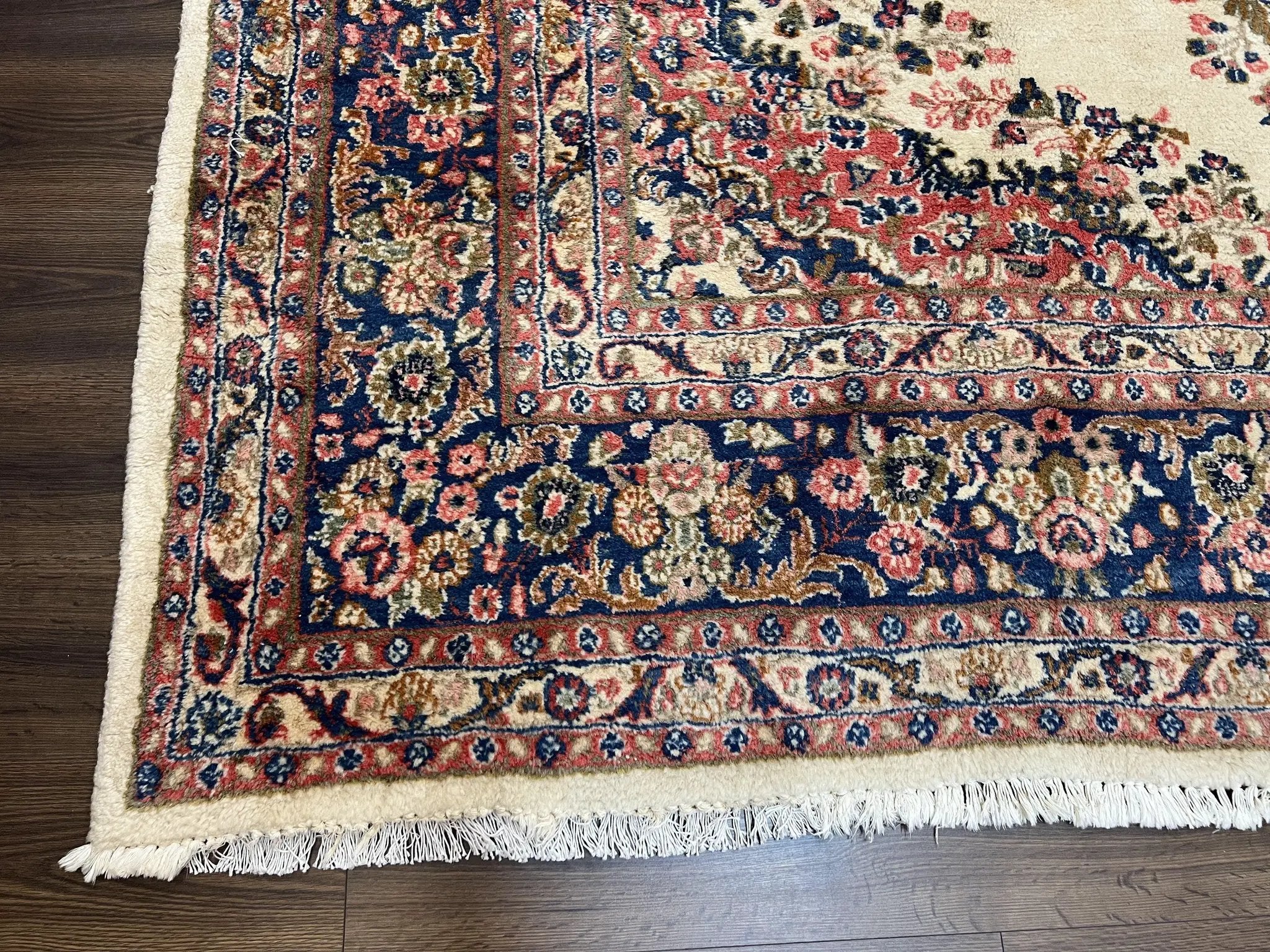 Persian Rug 9x10, Hamadan Rug, Antique Oriental Carpet, Wool Rug, Semi Open Field, Cream and Navy Blue, Kirman Design Hand Knotted Almost Square Rug by Jewel Rugs