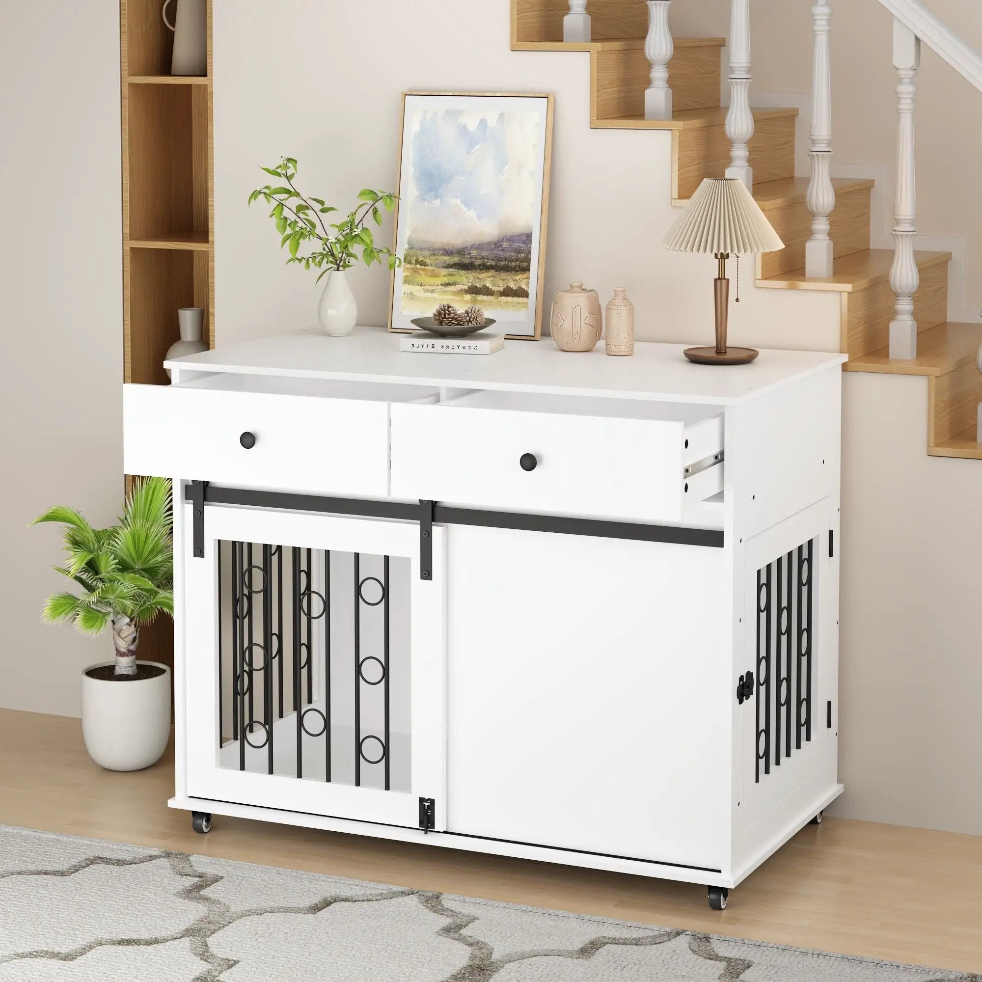 Dog Crate Furniture With Double Drawers And Sliding Barn Door, Pet Kennel For Small To Medium Dogs - White by HouseOfZazla