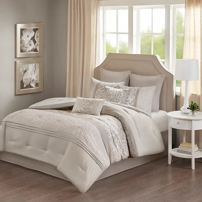 Embroidered 8 Piece Comforter Set Neutral King by HouseOfZazla