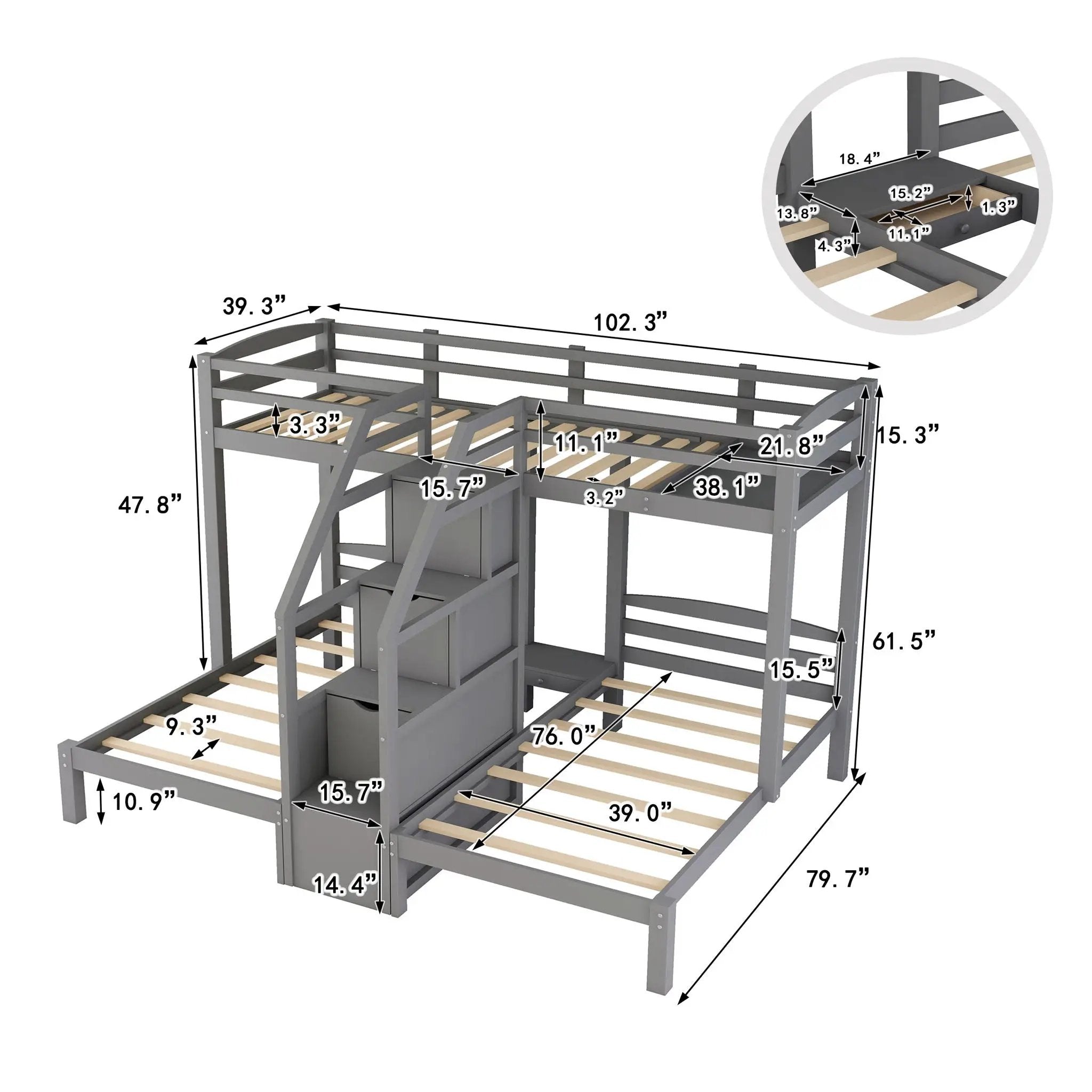 Twin Over Twin & Twin Bunk Bed With Built In Staircase And Storage Drawer - Gray by HouseOfZazla