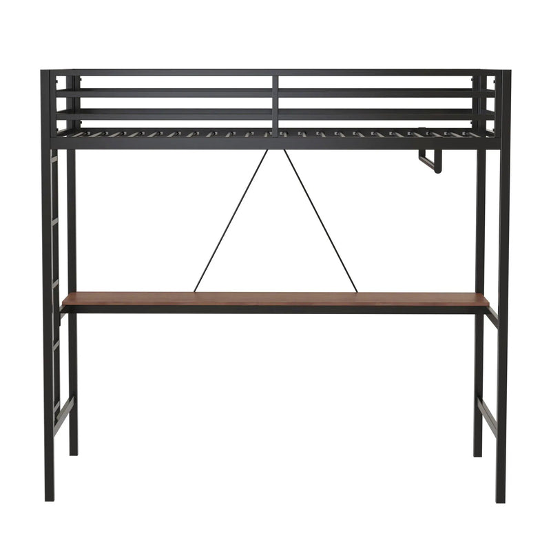 Adam - Twin Loft Bunk Bed With Cinnamon Wood Desk And Closet Rod - Black by HouseOfZazla