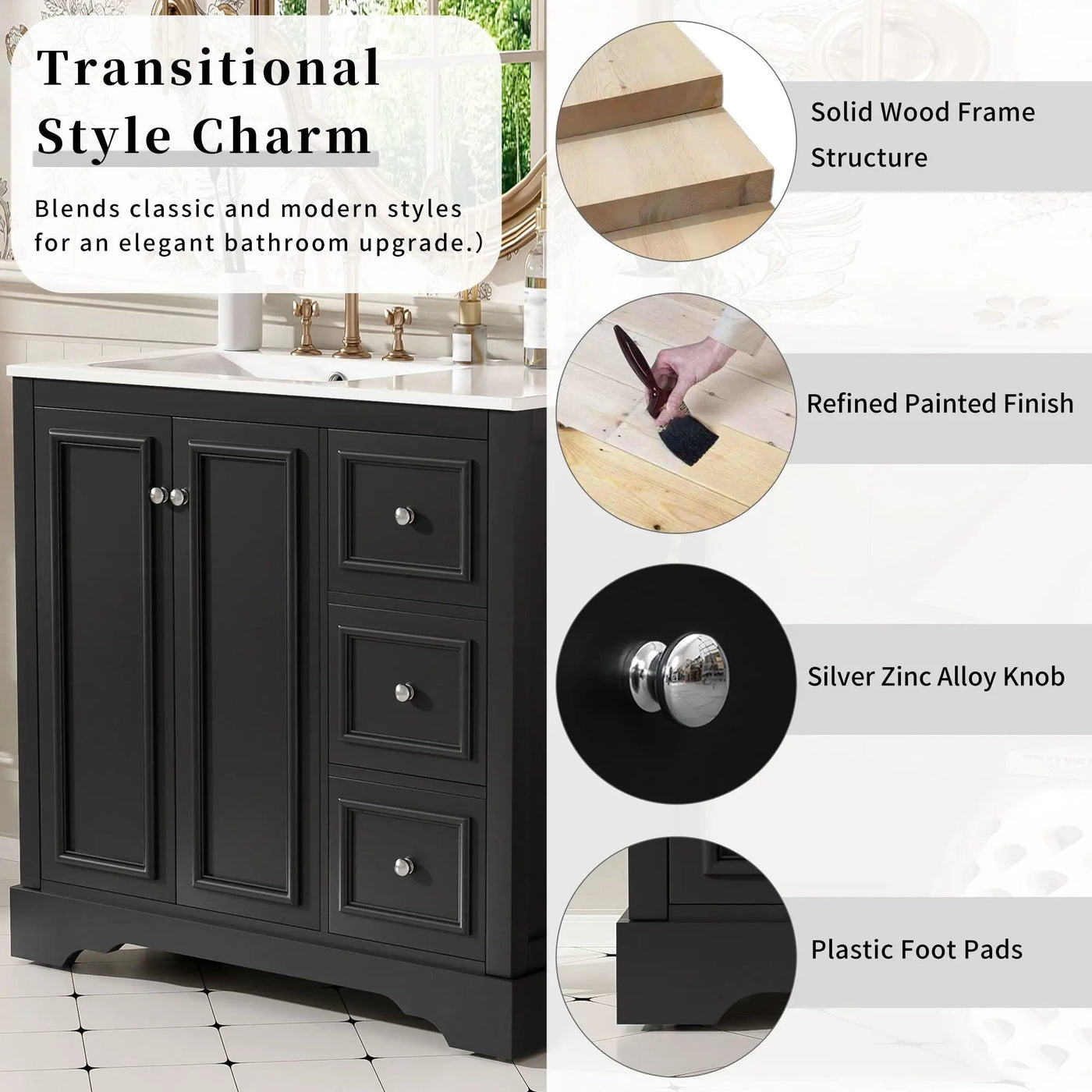 Bathroom Vanity With Sink, Soft-Close Doors, Adjustable U-Shelf, 3 Drawers by HouseOfZazla