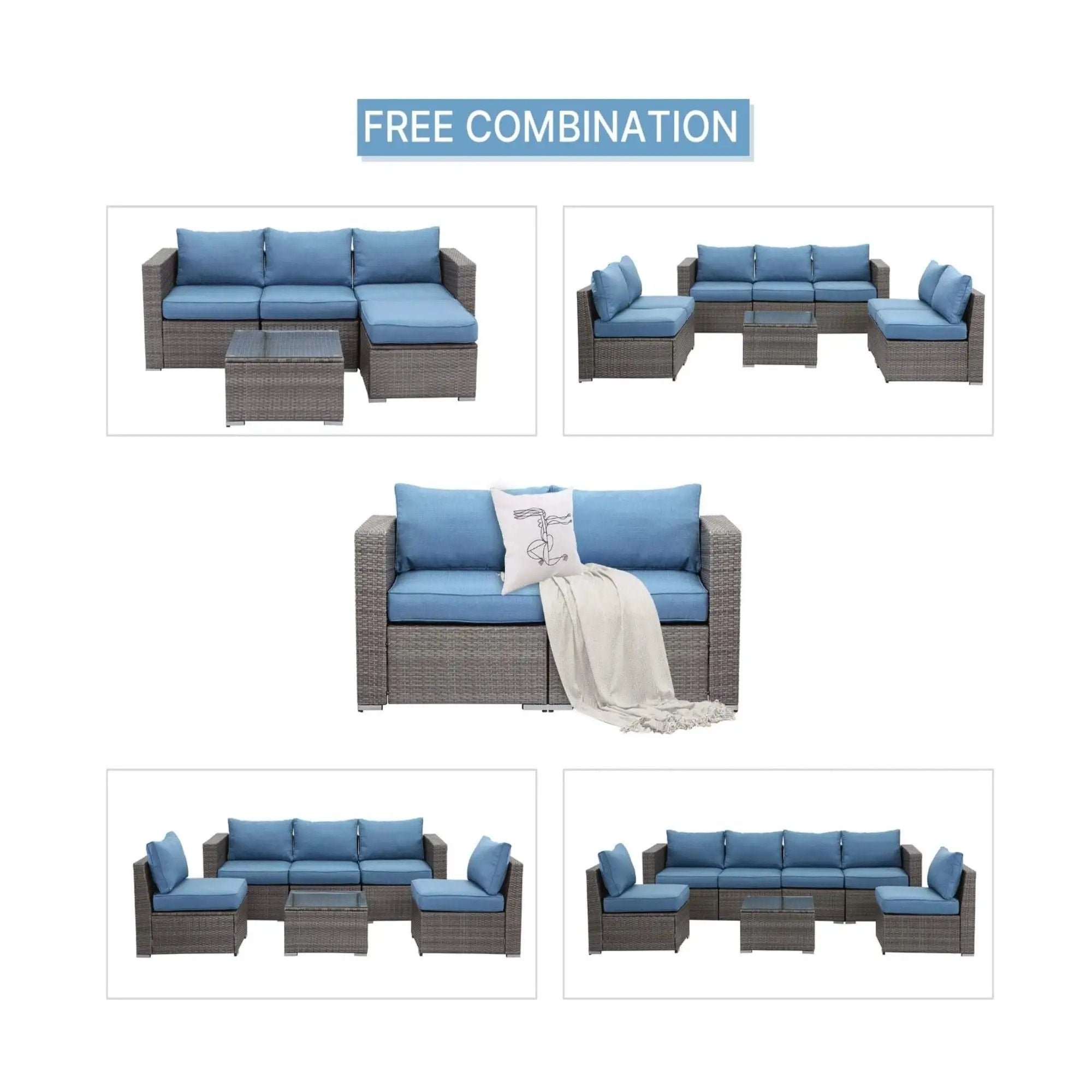 2 Piece Patio Loveseat Set With Thick Cushions, Outdoor Sectional Sofa For Balcony - Blue / Brown by HouseOfZazla