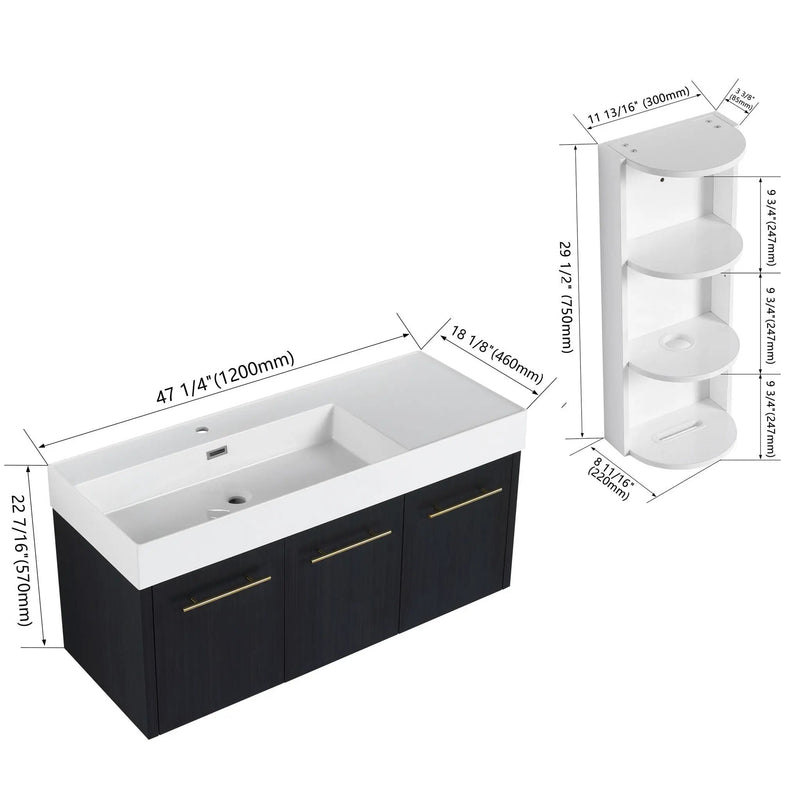 Modern Chestnut Wall Mounted Bathroom Vanity With Left Resin Sink And Storage Rack - Black Chestnut by Unique Piece Furniture