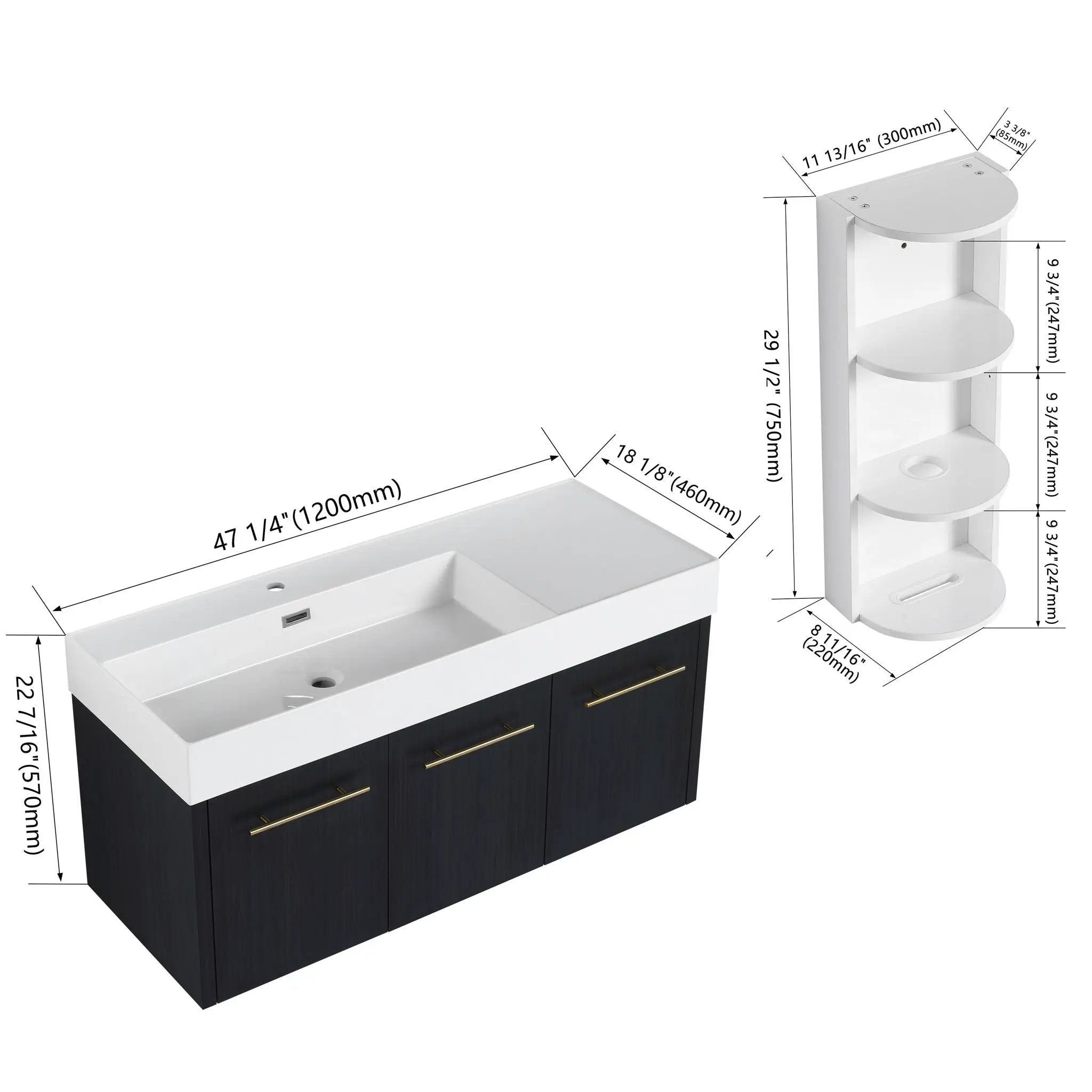 Modern Chestnut Wall Mounted Bathroom Vanity With Left Resin Sink And Storage Rack - Black Chestnut by HouseOfZazla