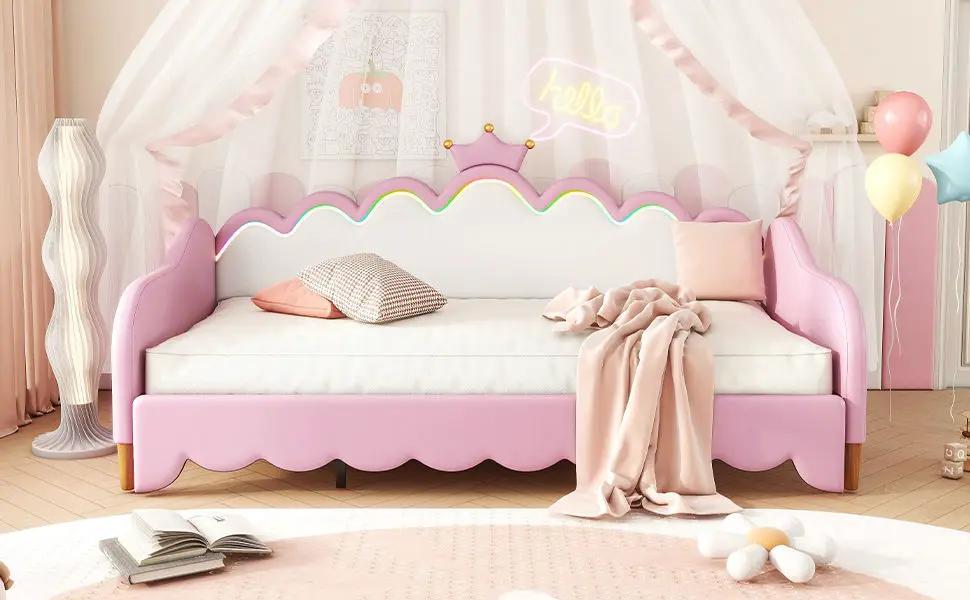 Extending Daybed With LED Lights, Modern Upholstered Princess Daybed With Crown Headboard by HouseOfZazla