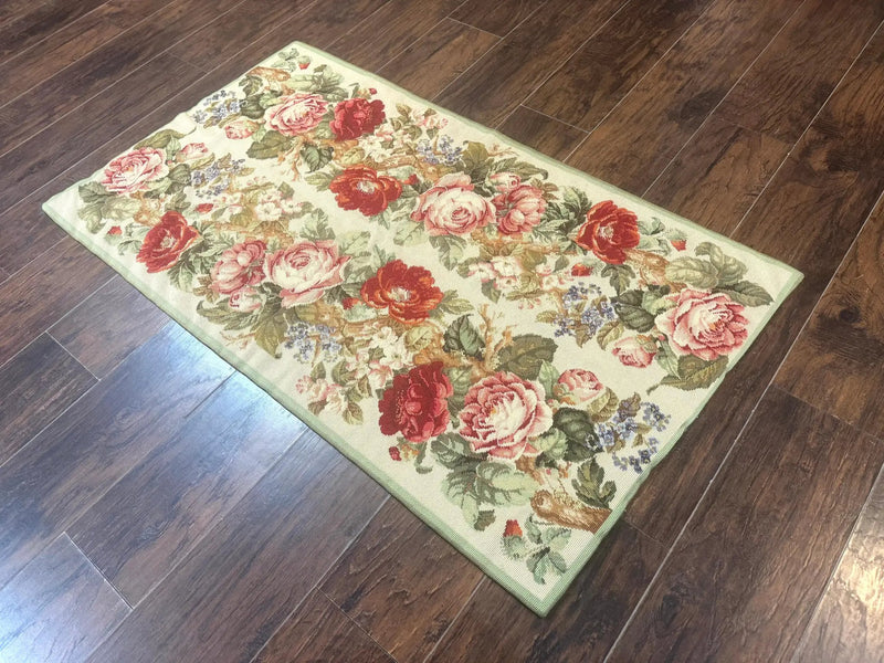 Small Needlepoint Rug 2.8 x 4.7, Floral, Vintage by Jewel Rugs