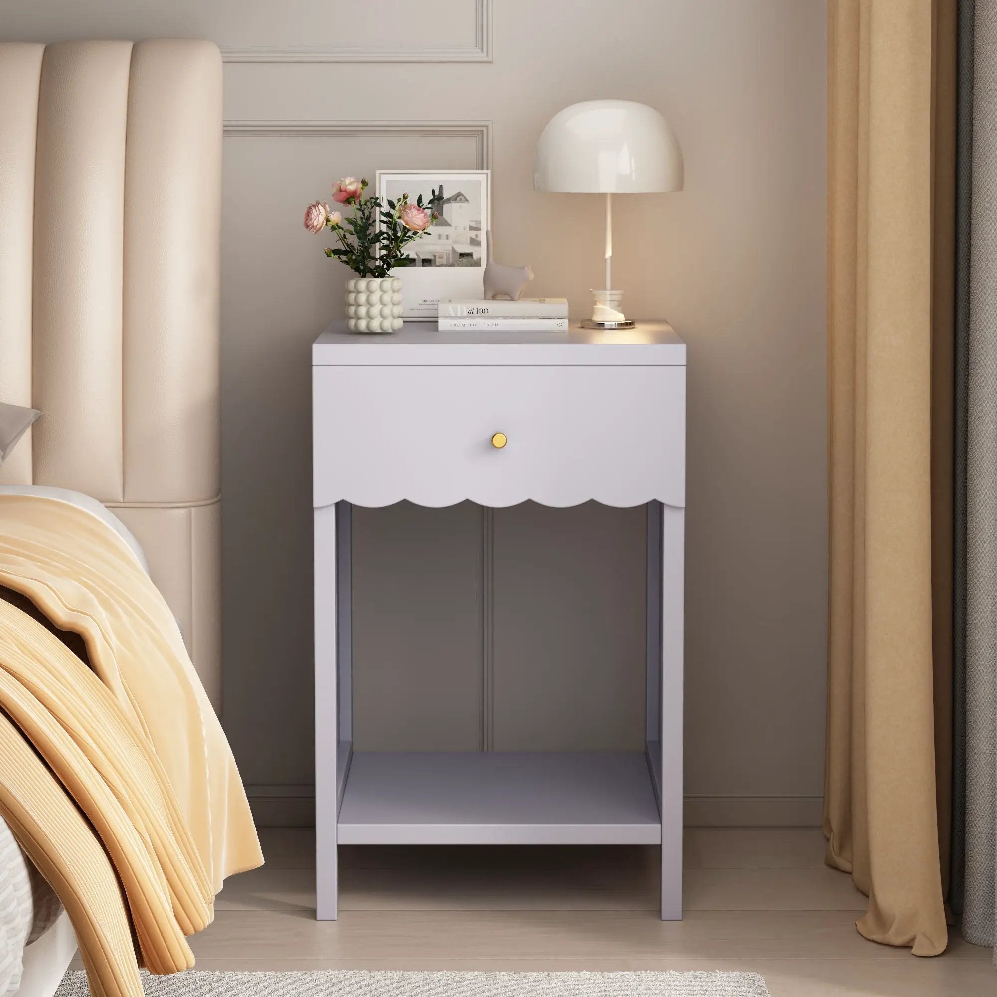Nightstand With Drawer And Open Shelf, Scalloped Edge Bedside Table by Unique Piece Furniture